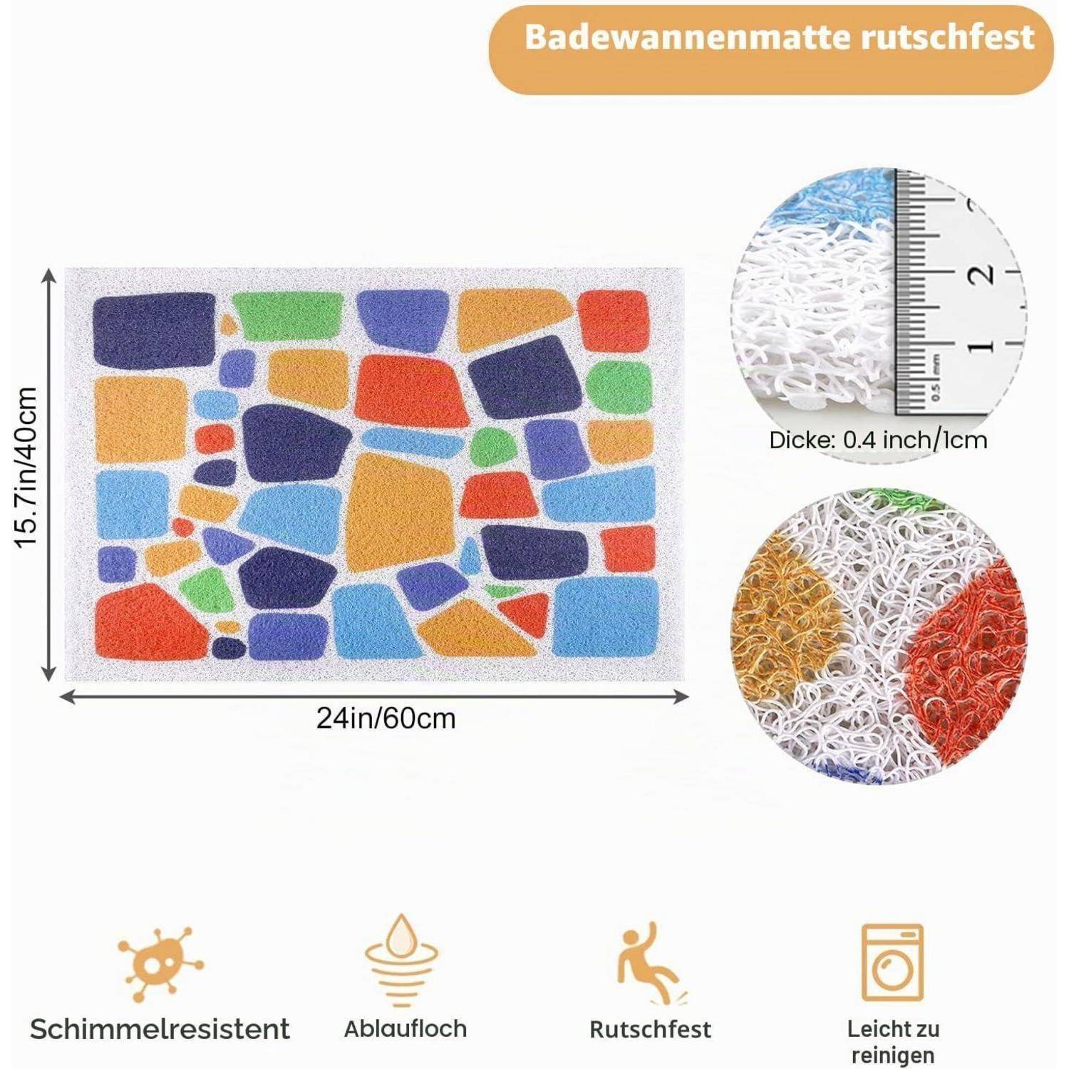 Abbildung einer rutschfesten Badewannenmatte, 24 x 15,7 Zoll, mit farbenfrohem Mosaikmuster; zeigt 0,4 Zoll Dicke und Symbole für schimmelresistent, Ablaufloch, rutschfest, leicht zu reinigen.