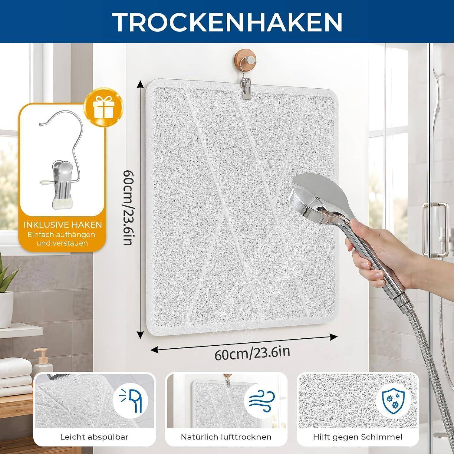 Anzeige für eine 60 x 60 cm große hängende Dusch-Luffamatte, die in einem Badezimmer beim Ausspülen gezeigt wird, mit folgenden Funktionen: leicht zu reinigen, trocknet an der Luft, hilft Schimmelbildung zu verhindern.