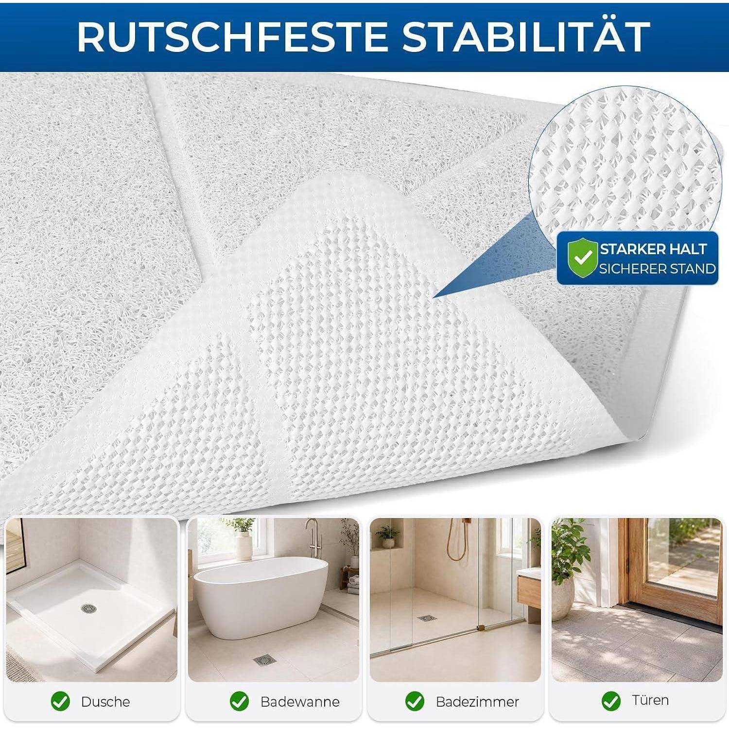 Weiße strukturierte rutschfeste Oberfläche mit deutschem Text „RUTSCHFESTE STABILITÄT" und Abzeichen „STARKER HALT SICHERER STAND""; gezeigt für Duschen, Badewannen, Badezimmer und Türen.