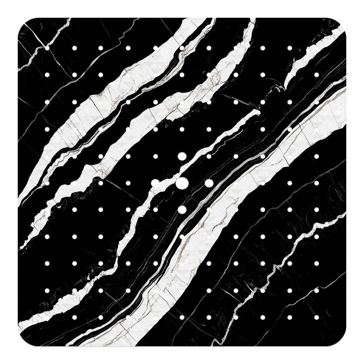 Abstrakt schwarzweißes Marmorierungsmuster mit diagonalen weißen Streifen und verstreuten weißen Punkten auf dunklem Hintergrund.