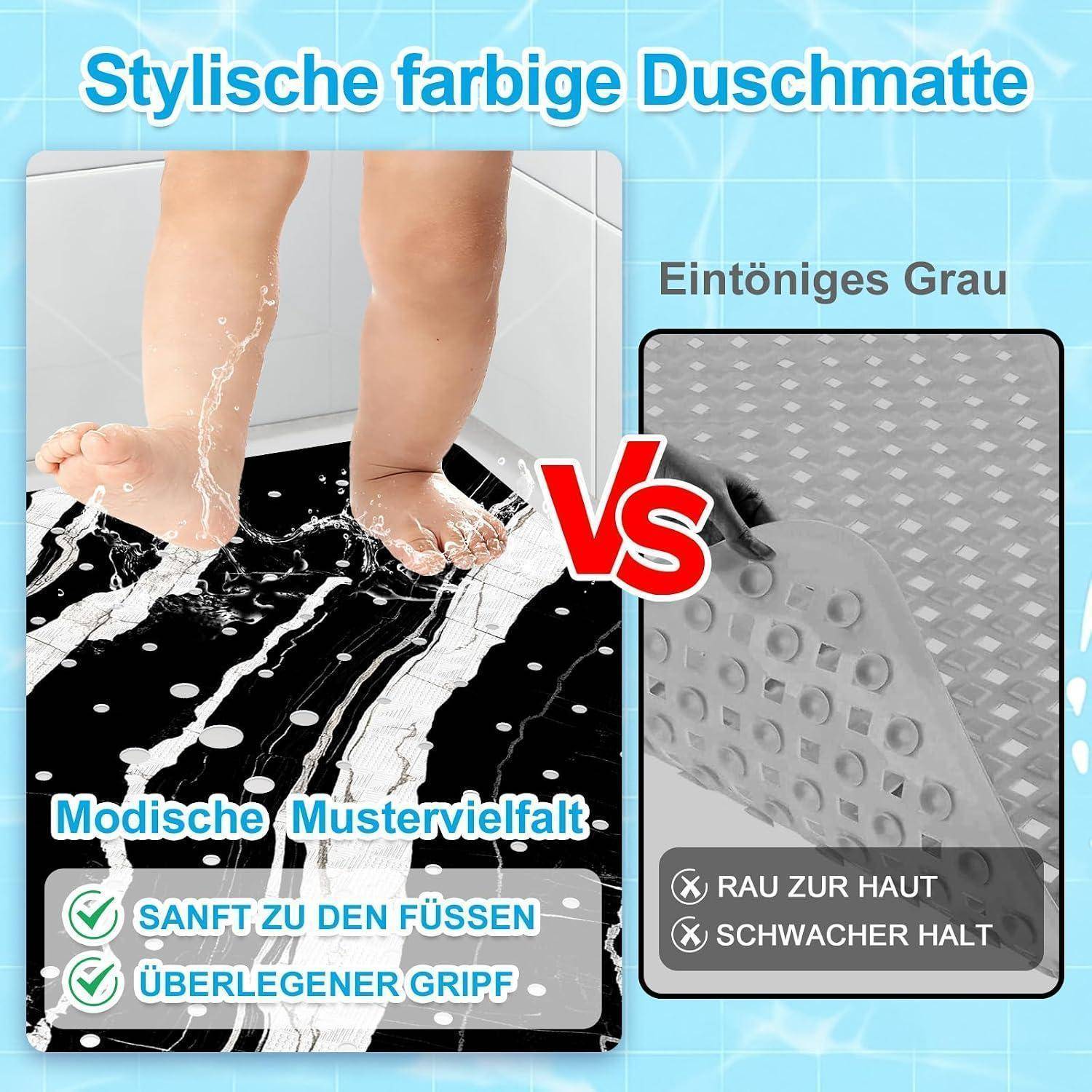 Werbevergleich einer gemusterten bunten Badenmatte gegenüber einer einfarbigen grauen Matte; links zeigt Füße auf einer schwarzen Matte mit Wasser und behauptet „Sanft zu den Füßen