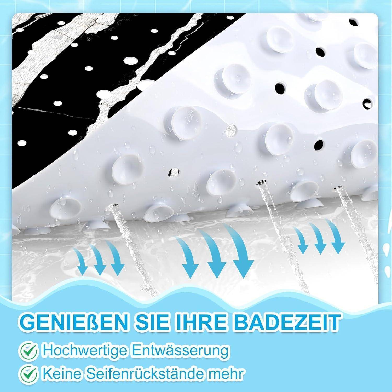 Nahaufnahme einer wasserdichten Oberfläche mit Wassertropfen und blauen Pfeilen, die in Wellen ablaufen, mit Promotion für „Genießen Sie Ihre Badezeit