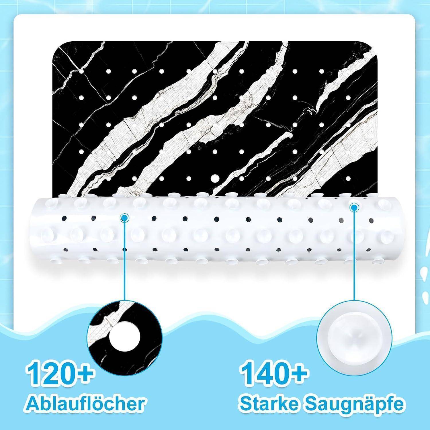 Produktabbildung einer weißen Ablaufwalze mit 120+ Drainagelöchern und 140+ starken Saugnapfern, abgebildet auf einer schwarzen marmorähnlichen Oberfläche.