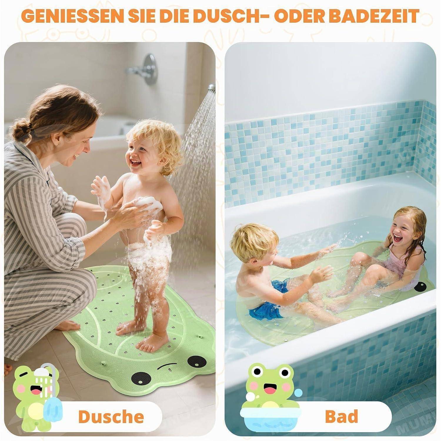 Geteiltes Bild von Kindern beim Baden: links, eine Mutter duscht ein Kleinkind auf einer froschförmigen Matte mit der Beschriftung „Dusche