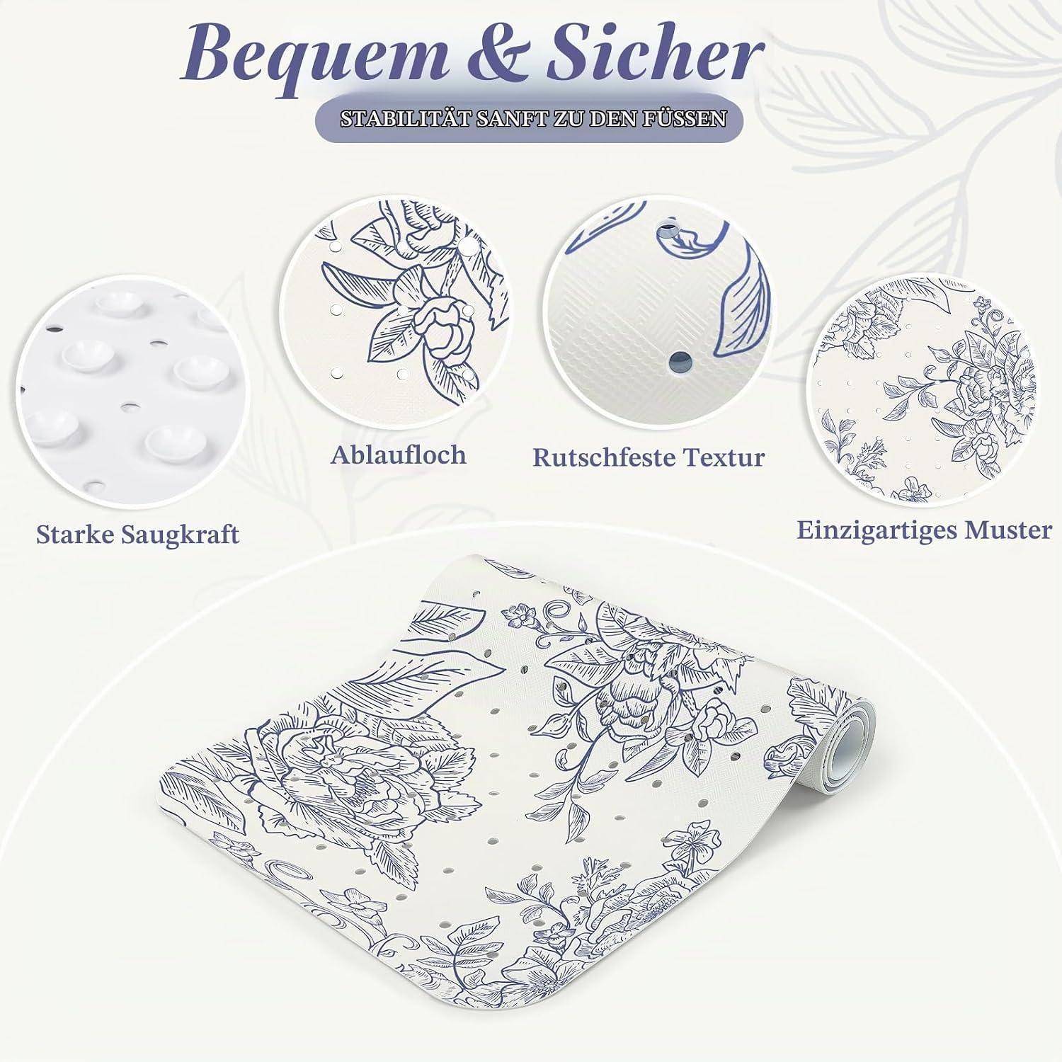 Blumenmuster Rutschfeste Badmatte mit Ablöchern und Saugnapfbefestigung, gezeigt mit Nahaufnahmen der Textur und des Musters; deutscher Text hebt Komfort und Stabilität hervor.