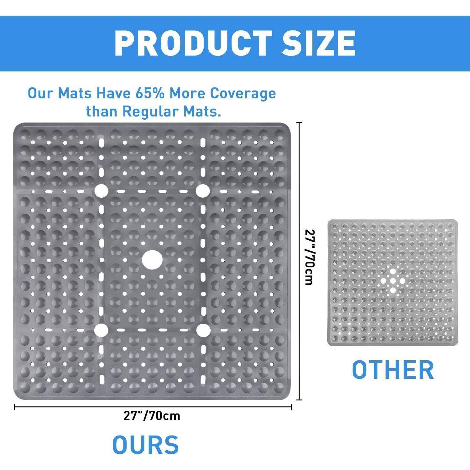Produktgrößenvergleich-Grafik: Unsere Matte ist 27 x 27 Zoll/70 cm groß und bietet 65% mehr Abdeckung als eine kleinere „Other
