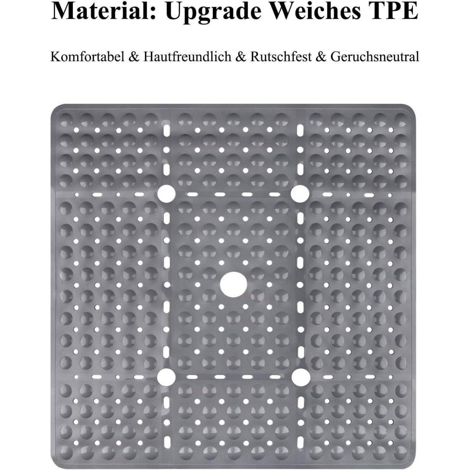 Graue perforierte TPE-Matte mit abgerundeter quadratischer Form, gekennzeichnet mit „Material: Upgrade Weiches TPE