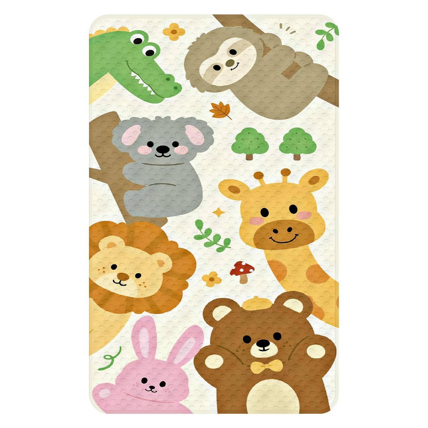 Niedliche Cartoon-Tiere auf beigem Hintergrund: Krokodil, Faultier, Koala, Giraffe, Löwe, Hase und Bär mit kleinen Blumen und Bäumen.