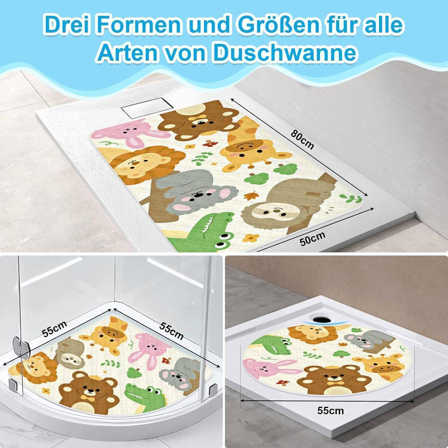 Grafik mit drei Duschmatten in verschiedenen Formen und Größen für alle Duschtypen: rechteckig 80 x 50 cm, Ecke 55 x 55 cm und rund 55 cm.