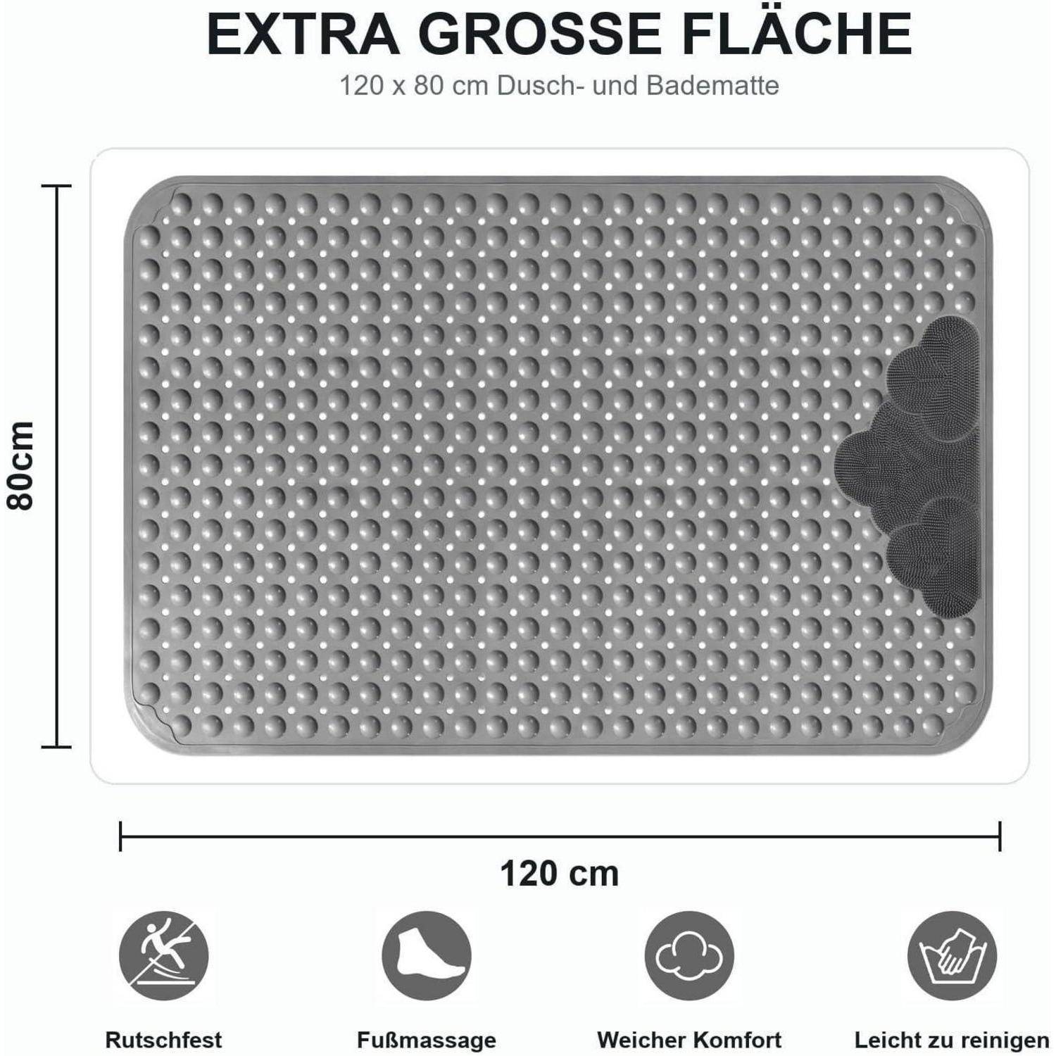Grau 120 x 80 cm Dusch- und Badmatte mit rutschfesten Noppen, Fußmassage-Struktur und leicht zu reinigender Oberfläche; gekennzeichnet mit „EXTRA GROSSE FLÄCHE".