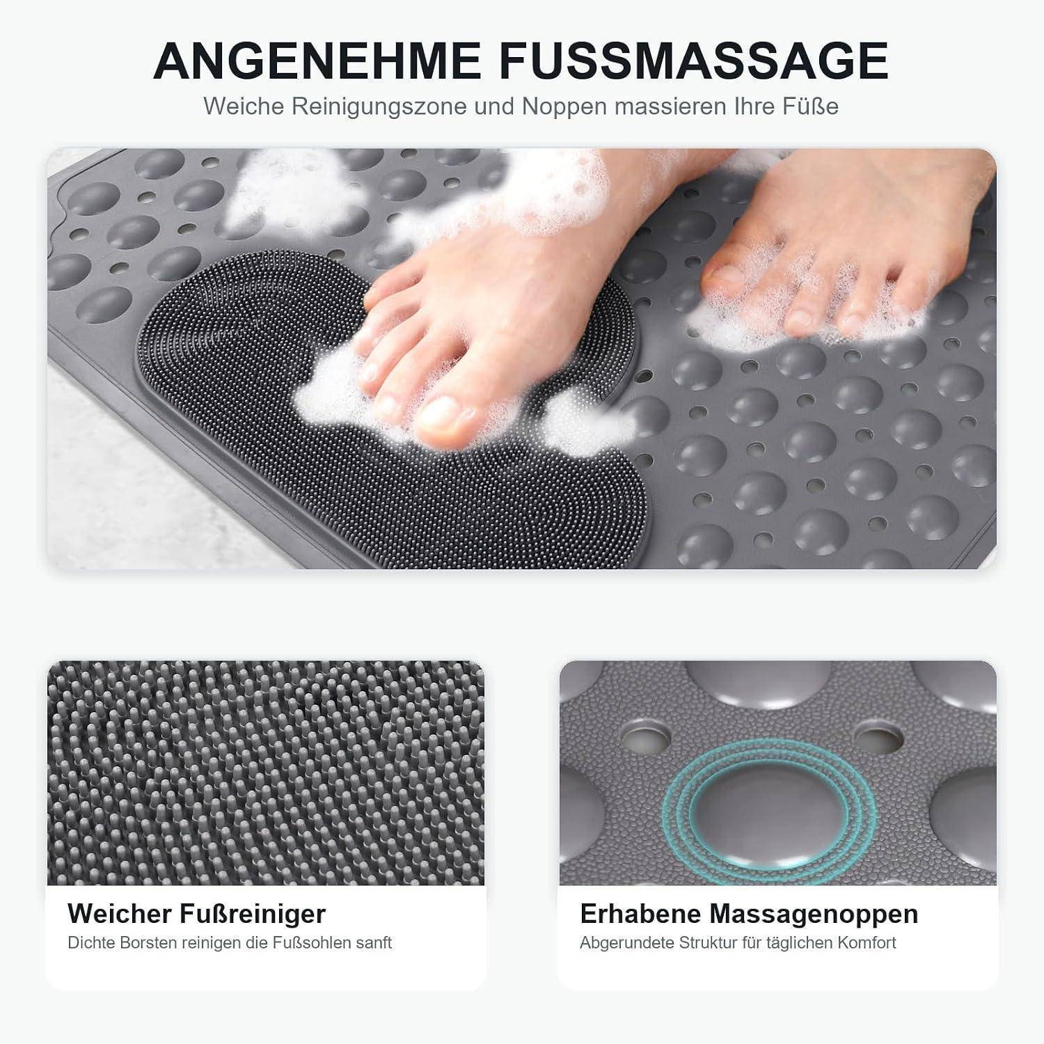 Duschmatte rutschfest 60x90cm TPE mit Saugnäpfen und Massagefunktion Grau