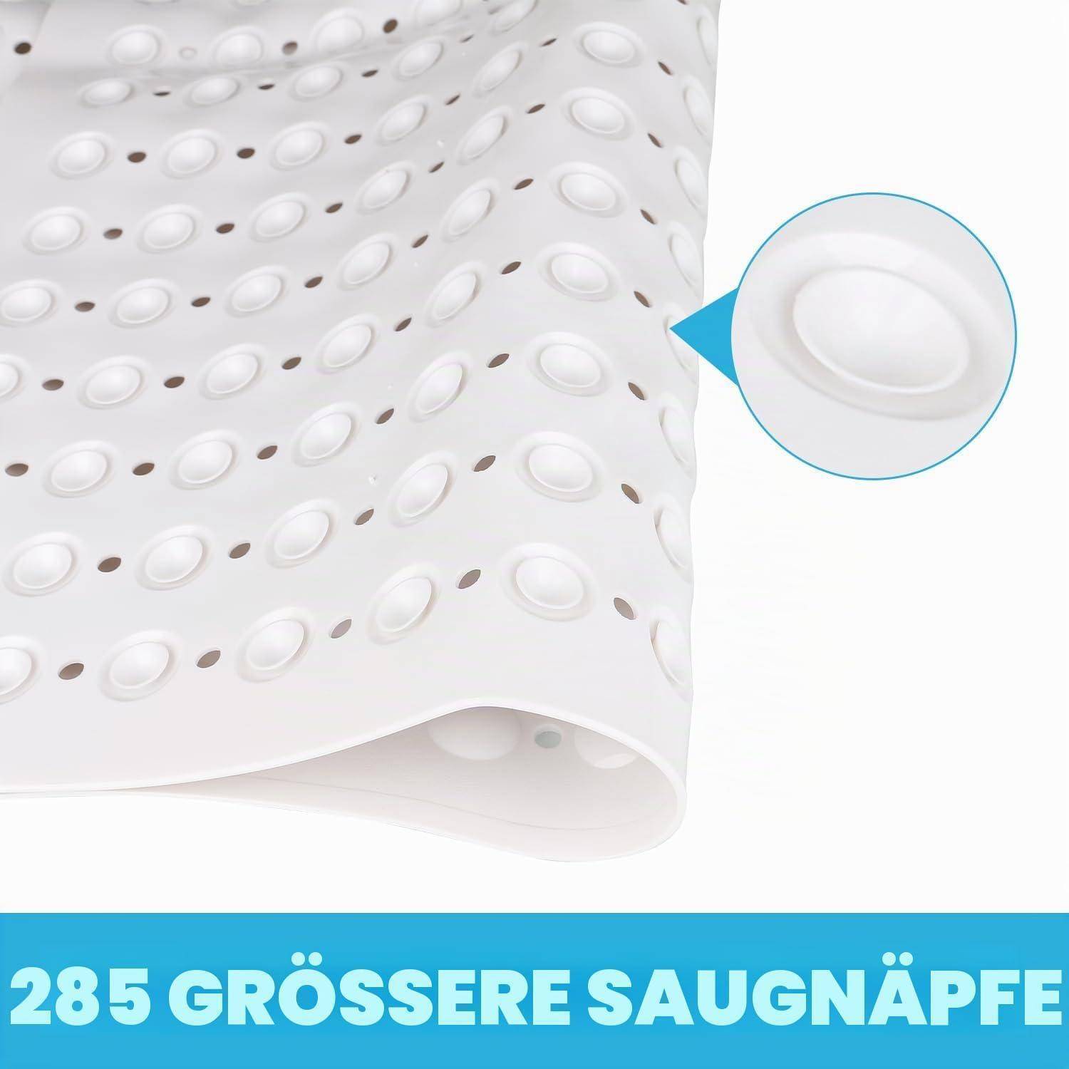 Nahaufnahme einer weißen perforierten Matratze oder eines Kissenbelegs mit vergrößerten Saugnäpfen; der Text lautet „285 GRÖSSERE SAUGNÄPFE