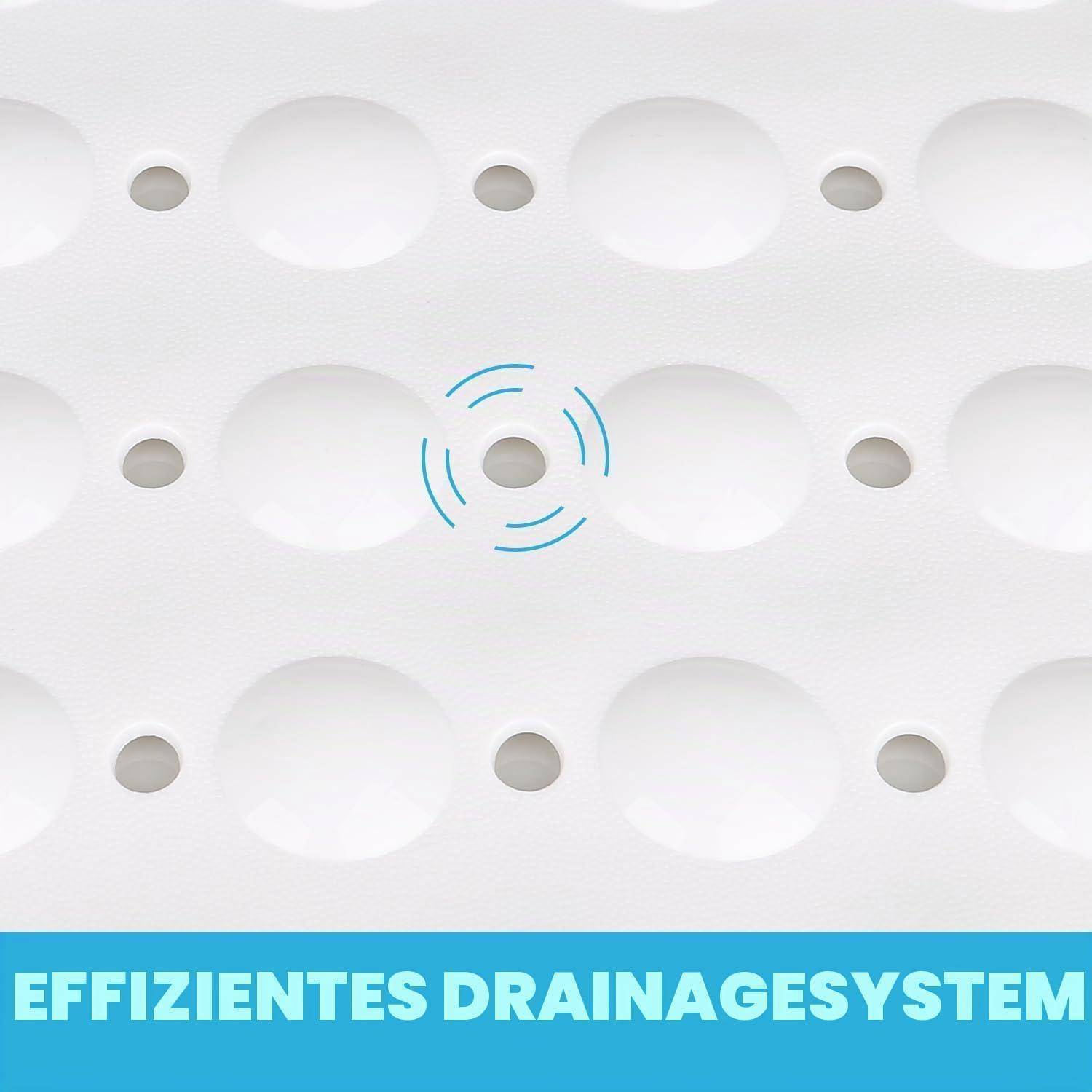 Diagramm einer perforierten weißen Oberfläche mit blauem Drainagesymbol und dem Text „EFFIZIENTES DRAINAGESYSTEM