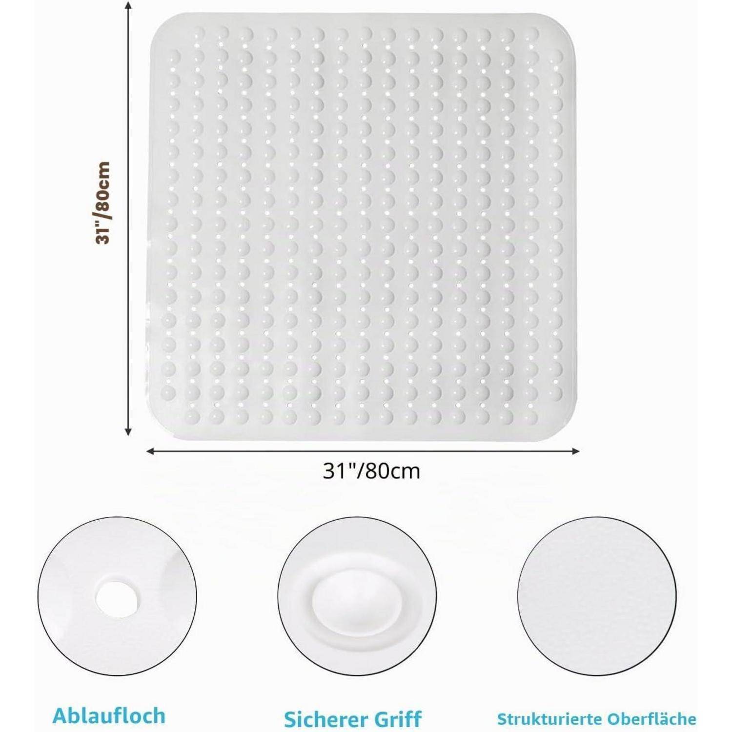 Weiße quadratische Badematte, 31 x 31 Zoll, mit Saugnapfpunkten und zentralem Ablaufloch, gekennzeichnet mit 'Ablaufloch', 'Sicherer Griff' und 'Strukturierte Oberfläche'.