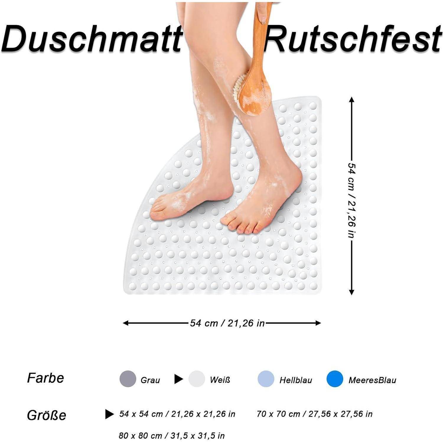 Produktbild einer quadratischen rutschfesten Duschmatte mit erhabenen Punkten unter den Füßen einer Person, beschriftet mit „Duschmatte Rutschfest