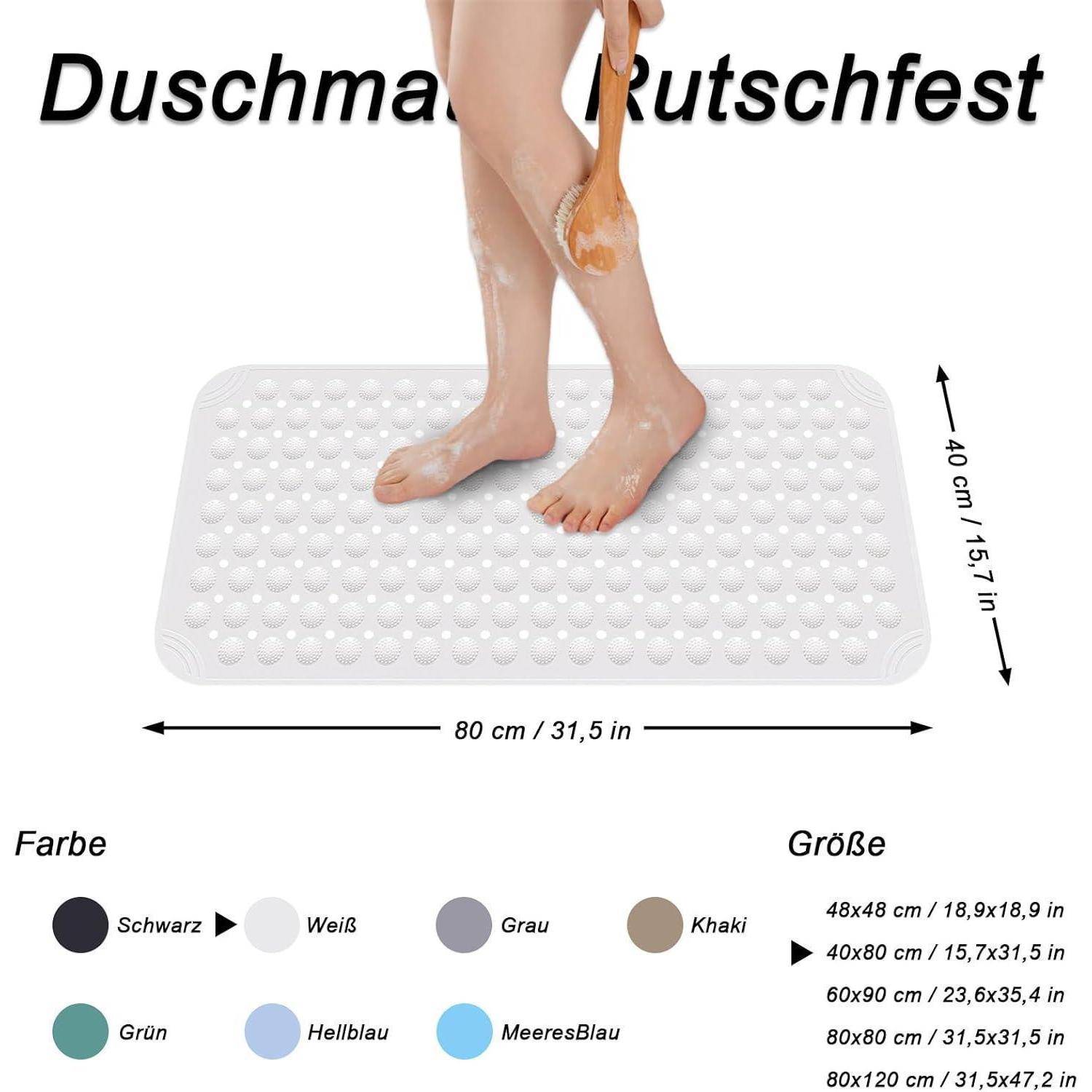 Produktbild einer weißen rutschfesten Duschmatte mit erhabenen Punkten, dargestellt unter Füßen in einer Dusche; gekennzeichnet mit "Duschmatte"" und ""Rutschfest"" mit Größe 80 cm x 40 cm und Farboptionen.