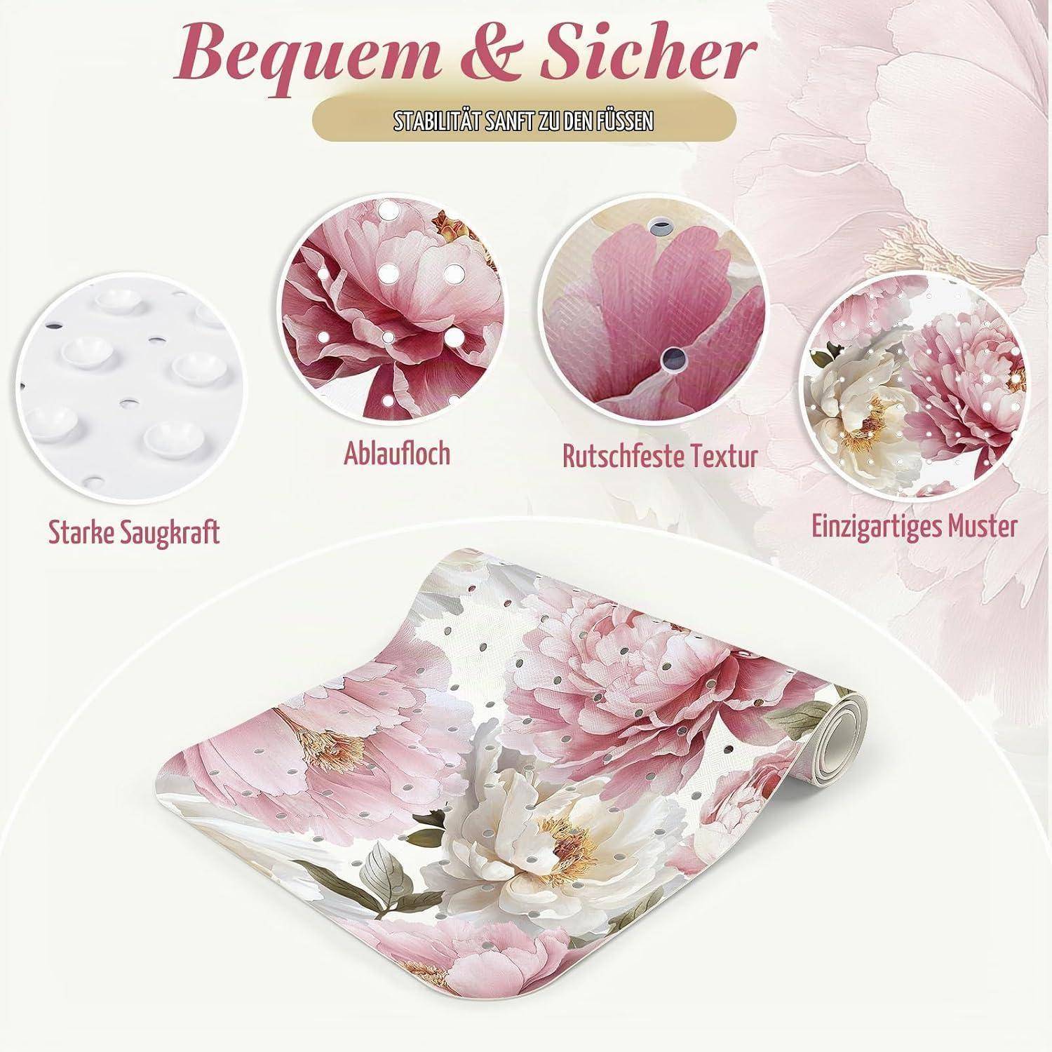 Badematte in Floralrosa mit Saugnapfgriff, Abflusslöchern, rutschfester Textur und einzigartigem Blumenmuster auf einer aufgerollten Matte.