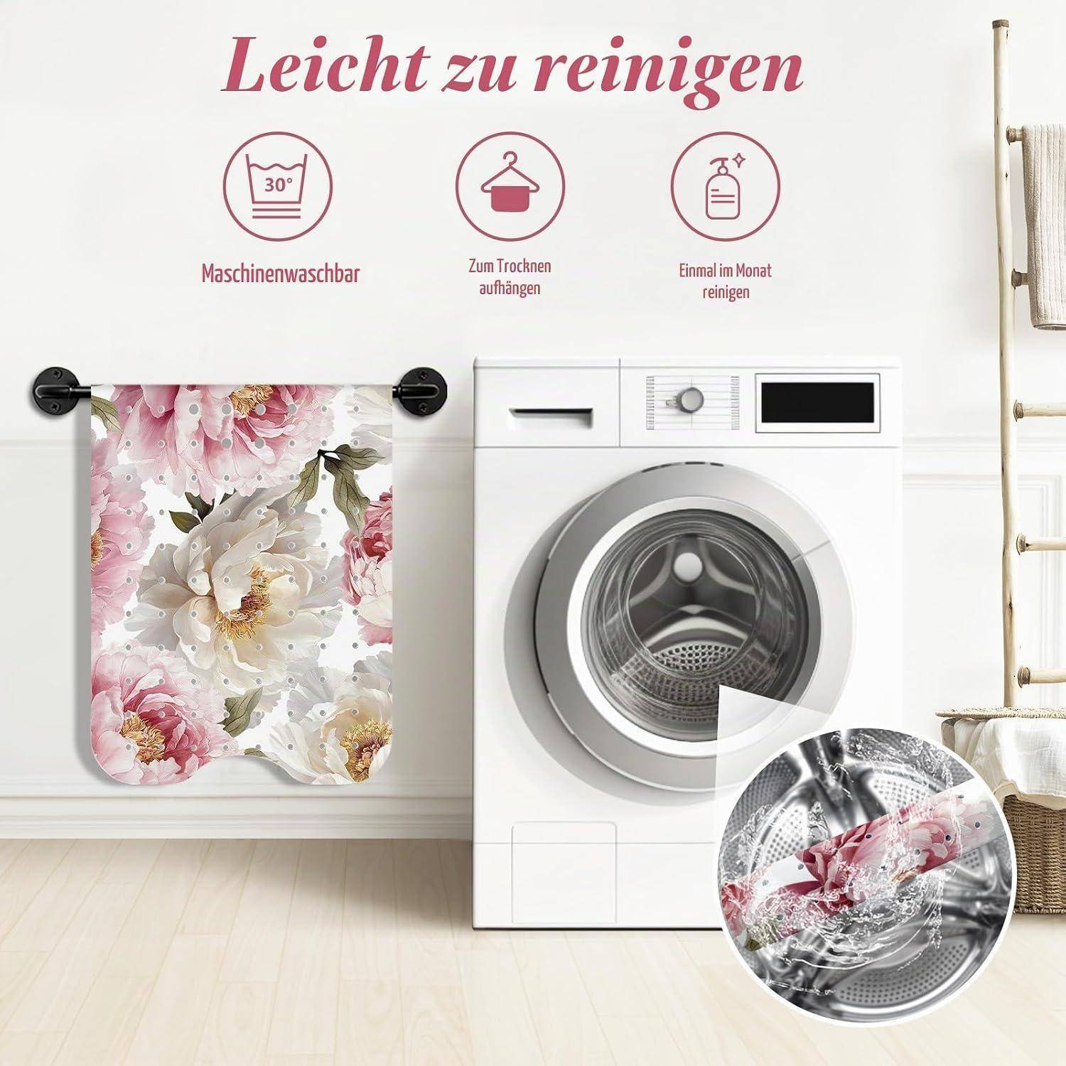 Werbebild für einen waschbaren Duschvorhang, das einen Blumenvorhang an einer Stange neben einer Waschmaschine zeigt mit deutschem Text: „Leicht zu reinigen", „maschinenwaschbar"", „zum Trocknen aufhängen"" und „einmal im Monat reinigen"".
