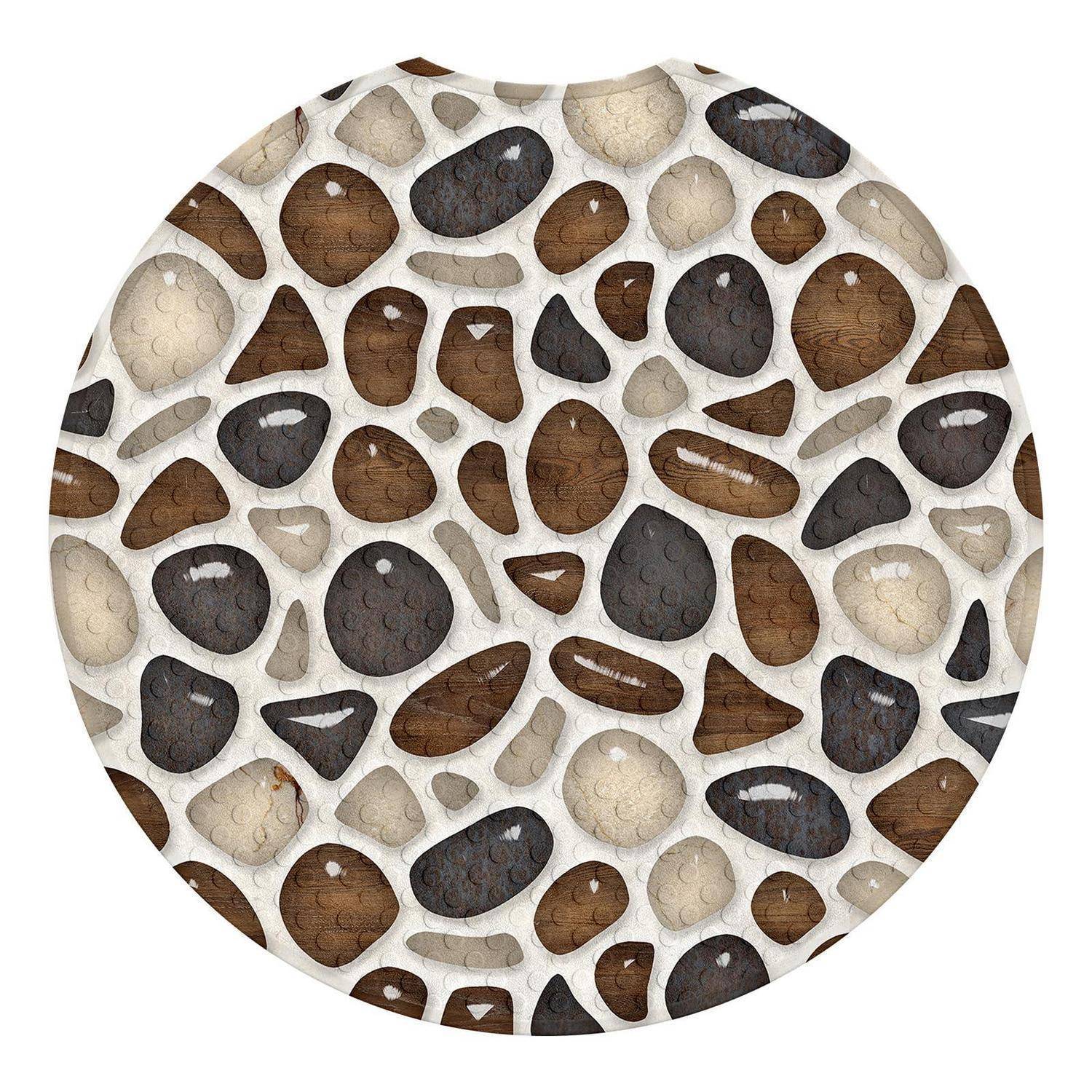 Kreisförmiges Kieselsteinmosaik-Muster mit assorierten braun, schwarz und beige Steinen auf weißem Hintergrund.