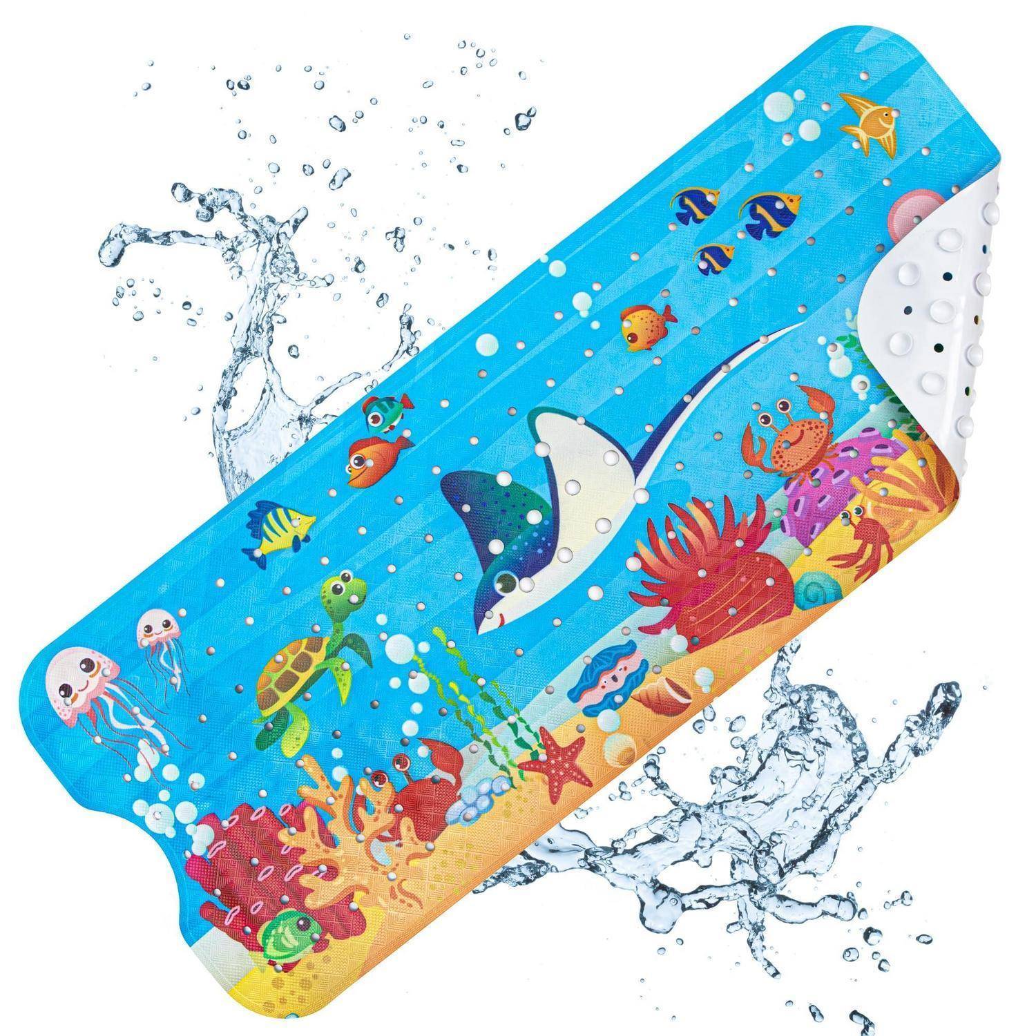 Bunte aufblasbare Wassermatte mit Meerestieren, einschließlich Hai, Fisch, Schildkröte, Qualle und Krabbe, die im Wasser spritzen.
