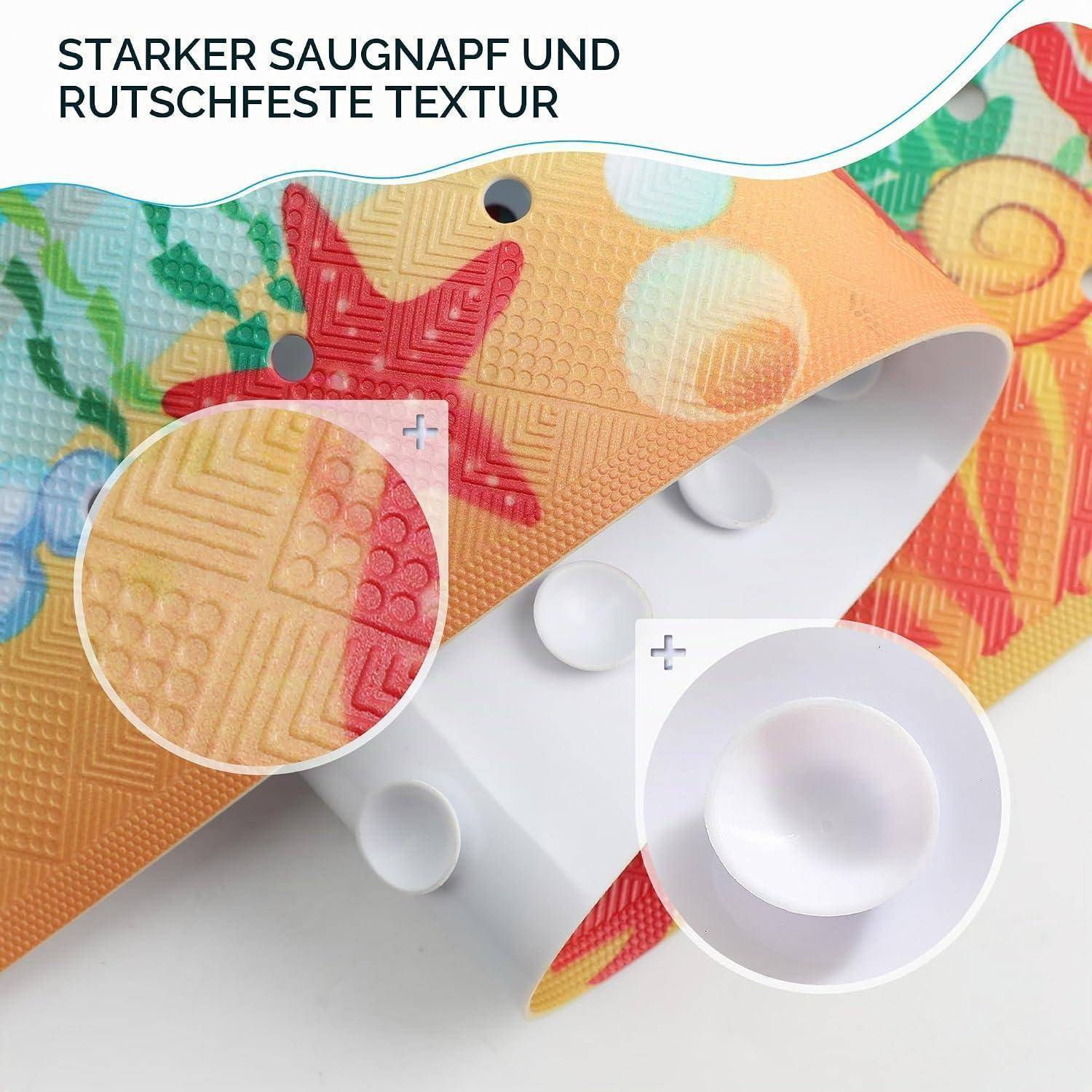 Farbenfrohe strukturierte Bodenmatte in Nahaufnahme mit vergrößerten Ausschnitten, die eine stärkere rutschfeste, abwischbare Textur hervorheben; Text sagt „STÄRKER SAUGNAPE UND RUTSCHFESTE TEXTUR