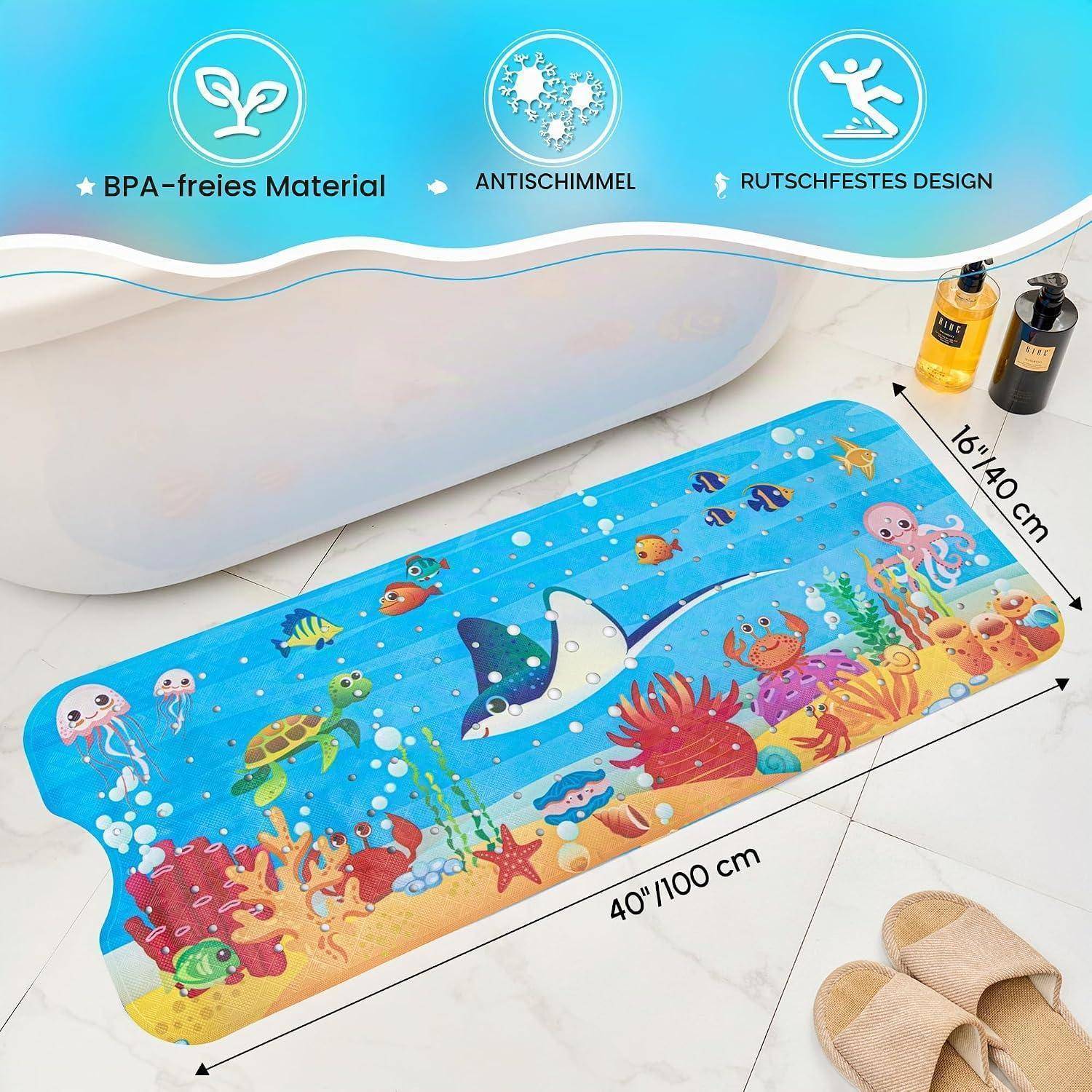 Farbenfrohe, ozeanische Badematte in einer Wanne, mit Abmessungen von 40x100 cm und 16x40 cm, mit BPA-frei, schimmelresistent und rutschfest Eigenschaften.