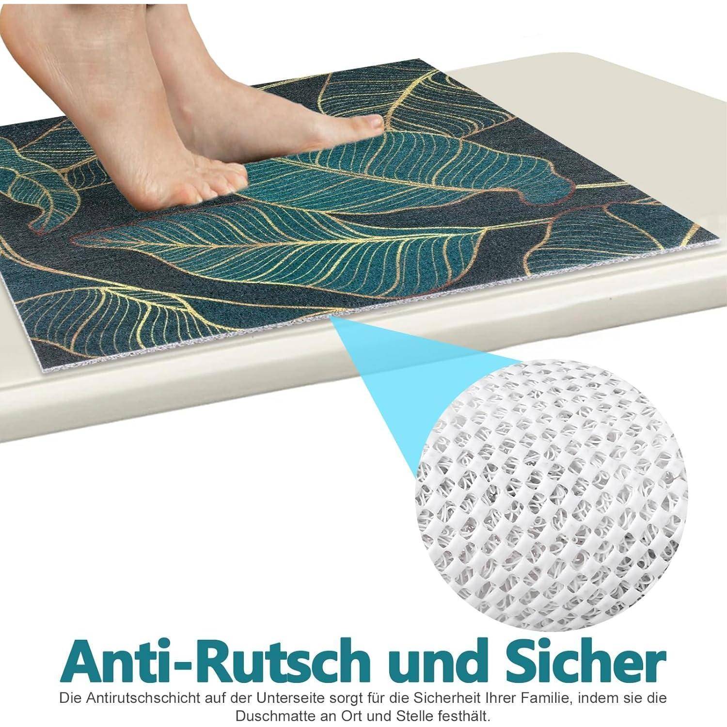 Nackte Füße stehen auf einer strukturierten rutschfesten Badewannenmatte auf der Badewannenkante; eine Vergrößerung zeigt die griffige Unterseite. Der Text lautet „Anti-Rutsch und Sicher" und erläutert die Sicherheit.