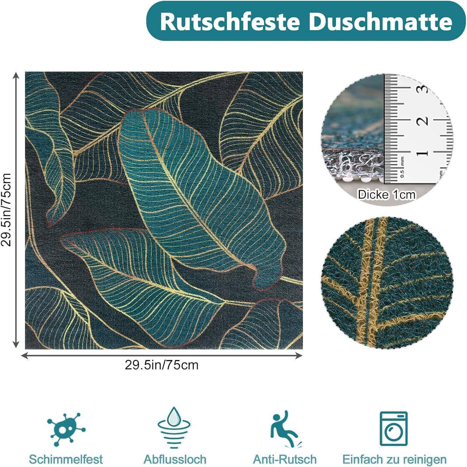 Quadratischer Teppich mit Blattmuster in Blaugrün, 75 cm x 75 cm und 1 cm dick, mit rutschfester, waschbarer Oberfläche und pflegeleichten Symbolen.