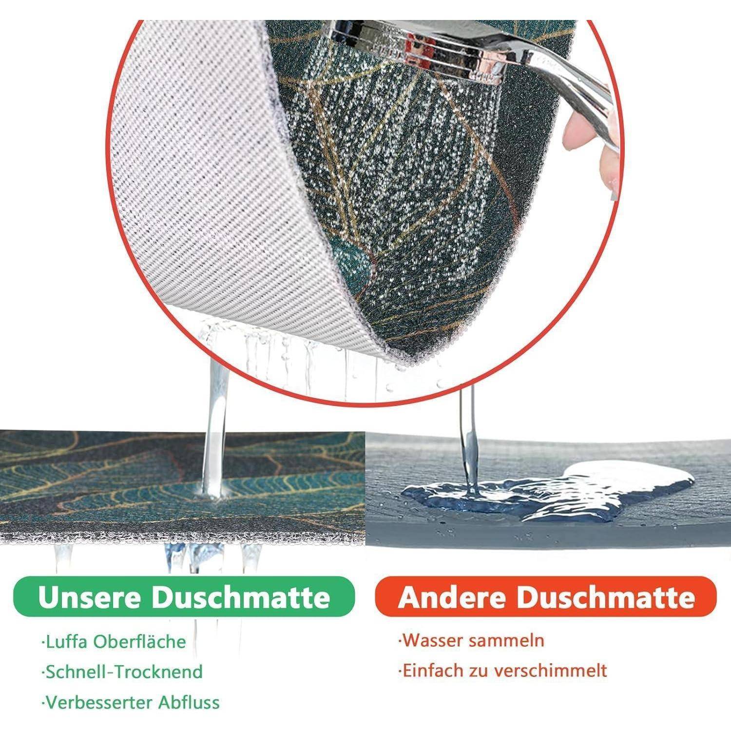 Vergleichsgrafik zweier Duschteppiche: „Unsere Duschmatte" weist Wasser ab mit schneller Trocknung und besserer Drainage; „Andere Duschmatte"" sammelt Wasser und wird leicht schimmelig.