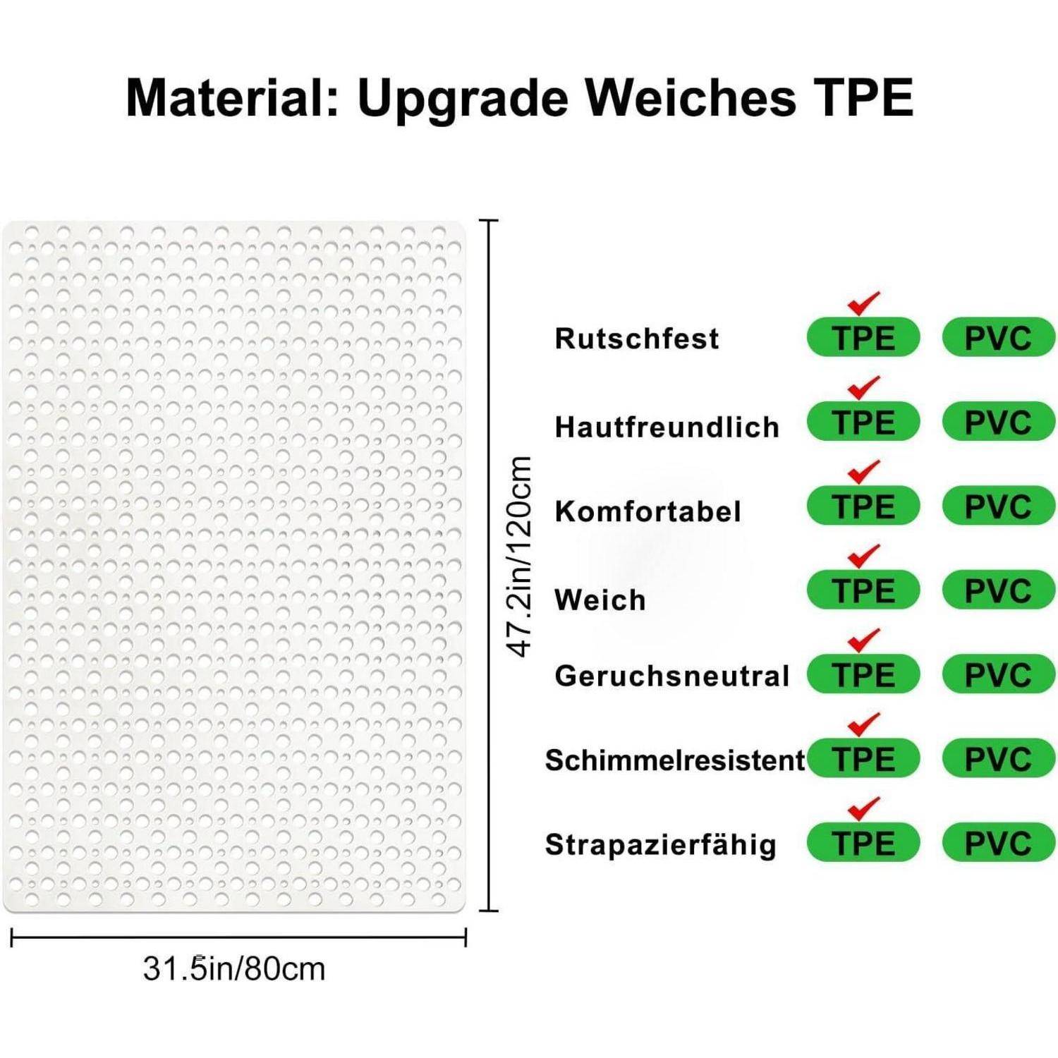 Produktvergleichsgrafik mit dem Titel „Material: Upgrade weiches TPE" zeigt Trainingsmattengröße 31,5 Zoll/80 cm x 47,2 Zoll/120 cm und TPE versus PVC, mit TPE gekennzeichnet für rutschfest, hautfreundlich, komfortabel, weich, geruchlos, schimmelresistent und langlebig.