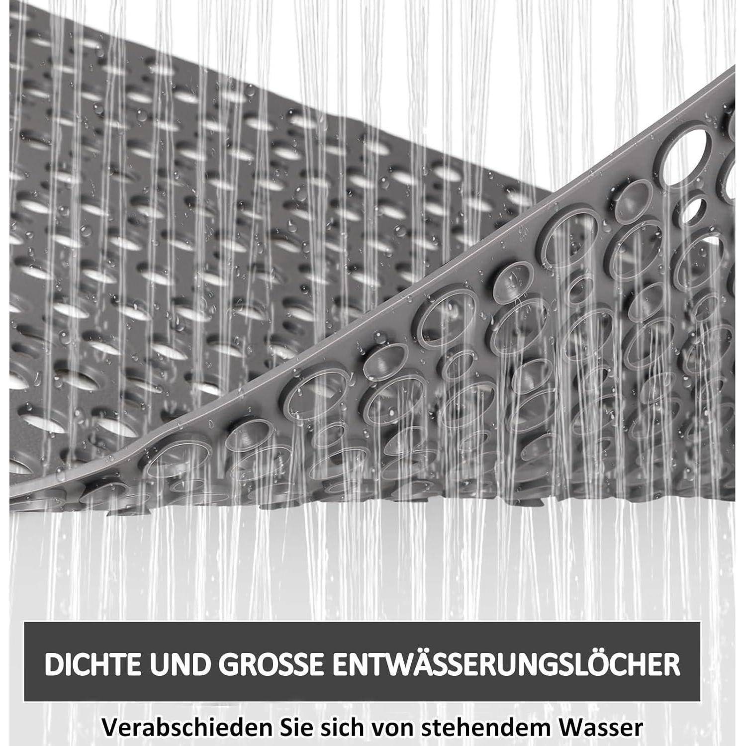 Nahaufnahme von perforierten Entwässerungspaneelen mit Wasser, das durchfließt; deutscher Text lautet „DICHTE UND GROSSE ENTWÄSSERUNGSLÖCHER" und „Verabschieden Sie sich von stehendem Wasser"".