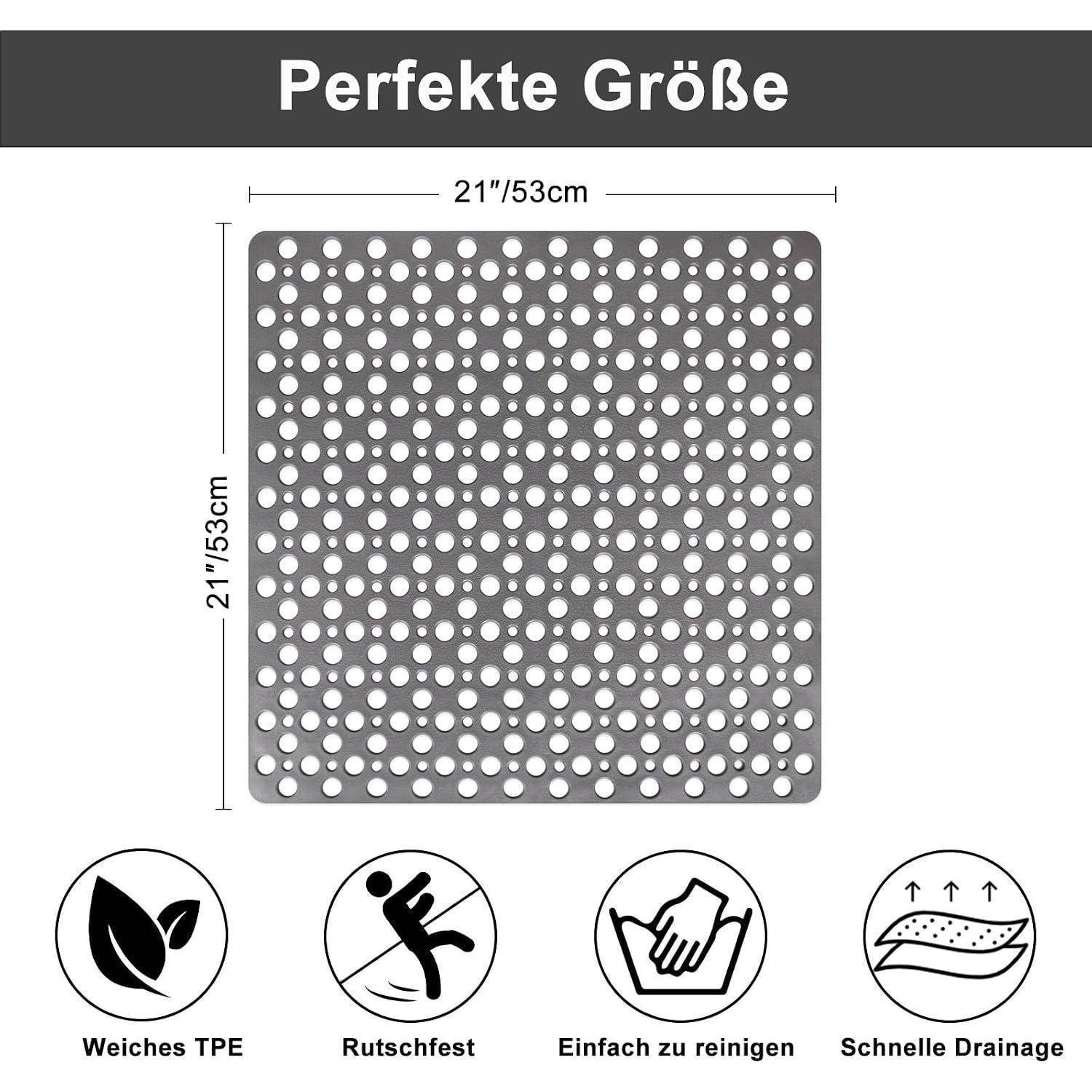 Quadratische graue Drainmatte mit vielen Löchern, beschriftet mit „Perfekte Größe" und 21""/53 cm; Symbole zeigen weiches TPE, rutschfest, leicht zu reinigen und schnelle Drainage.