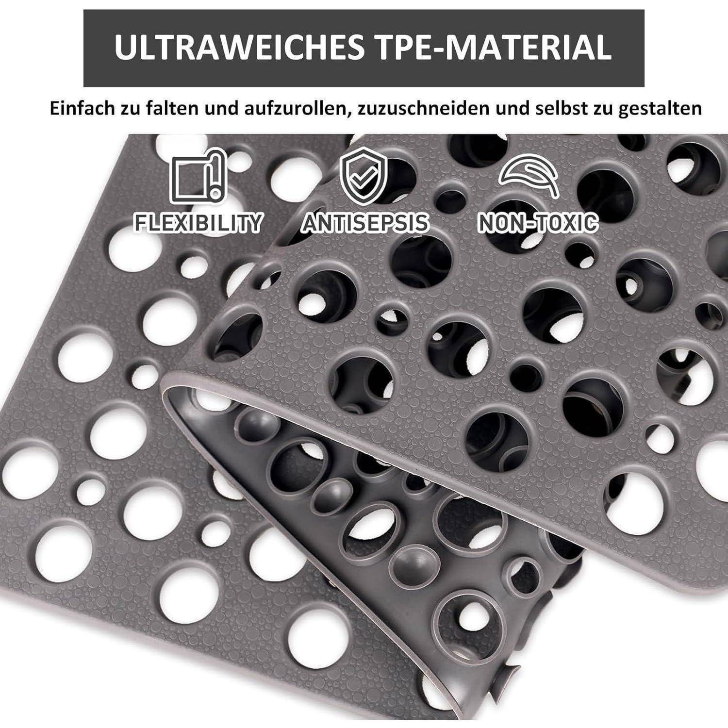 Produktbild aus perforiertem grauem TPE-Material mit der Bezeichnung „ULTRAEICHES TPE-MATERIAL