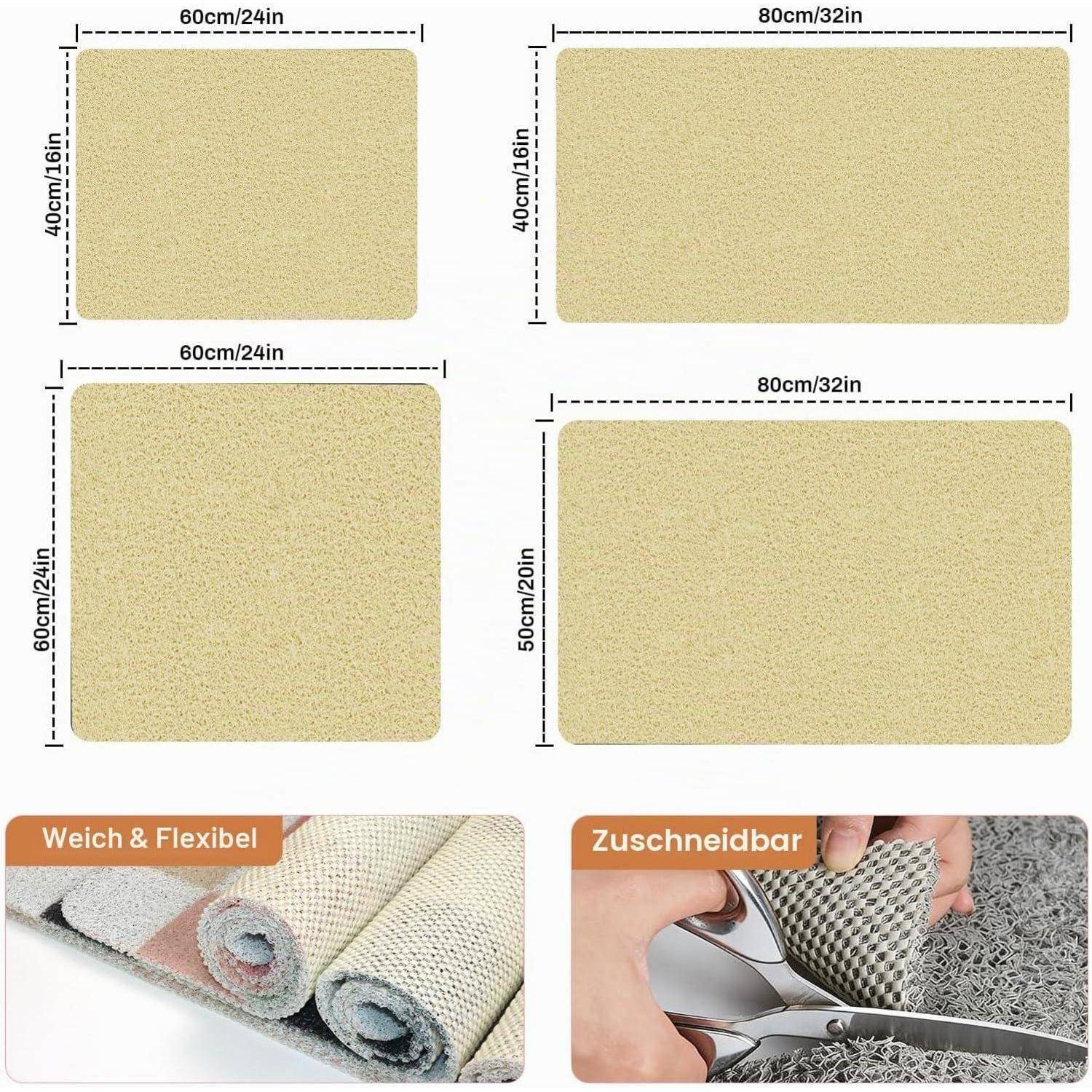 Größendiagramm des Produkts mit vier beigen Matten in den Größen 60x40, 80x40, 60x60 und 80x50 cm; die unteren Fotos zeigen, dass die Matte weich, flexibel und schneidbar ist.