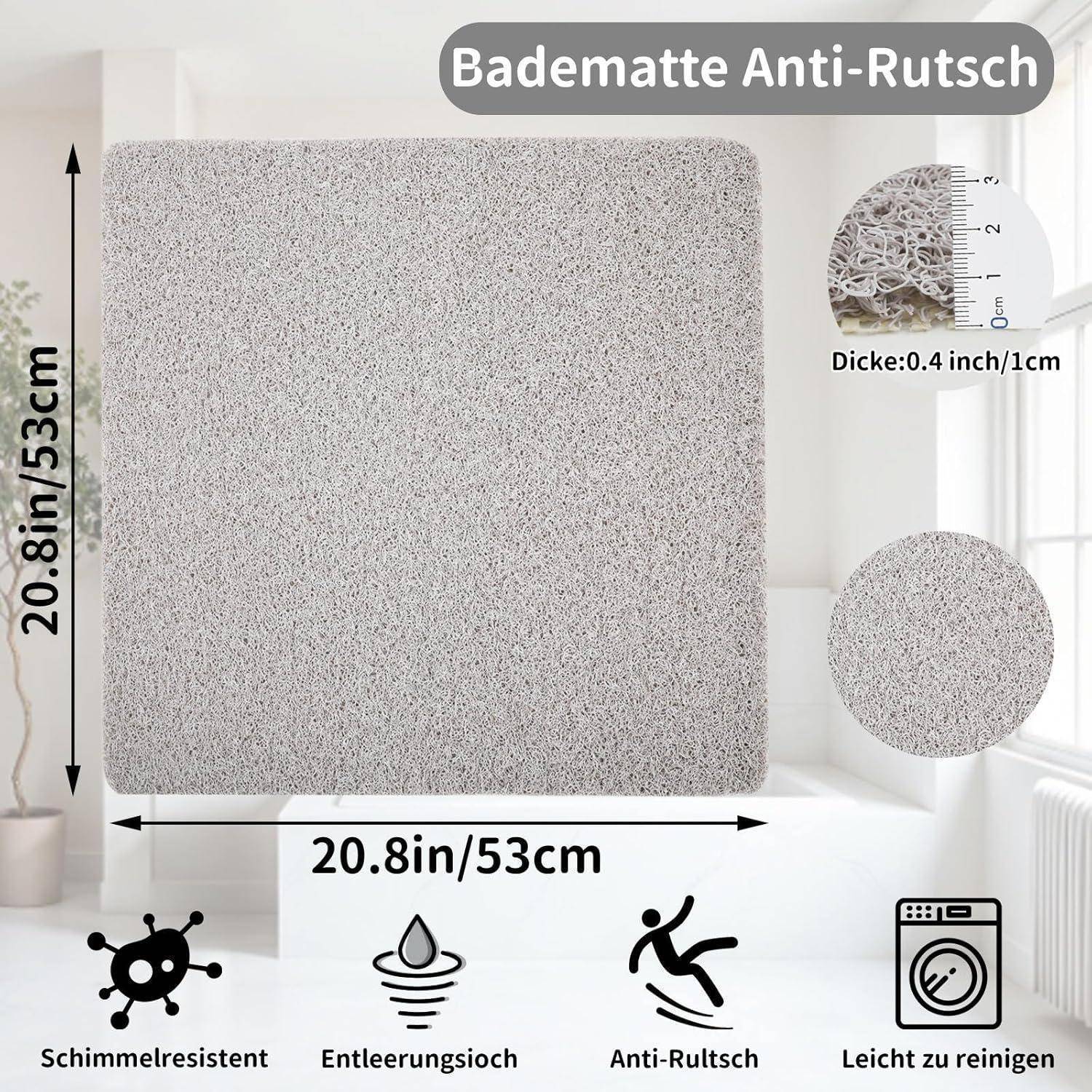 Quadratische graue rutschfeste Badematte, 20,8 x 20,8 Zoll (53 cm), 0,4 Zoll dick, mit Schimmelresistenz, Wasserdrainage, Rutschfestigkeit und einfacher Reinigung.