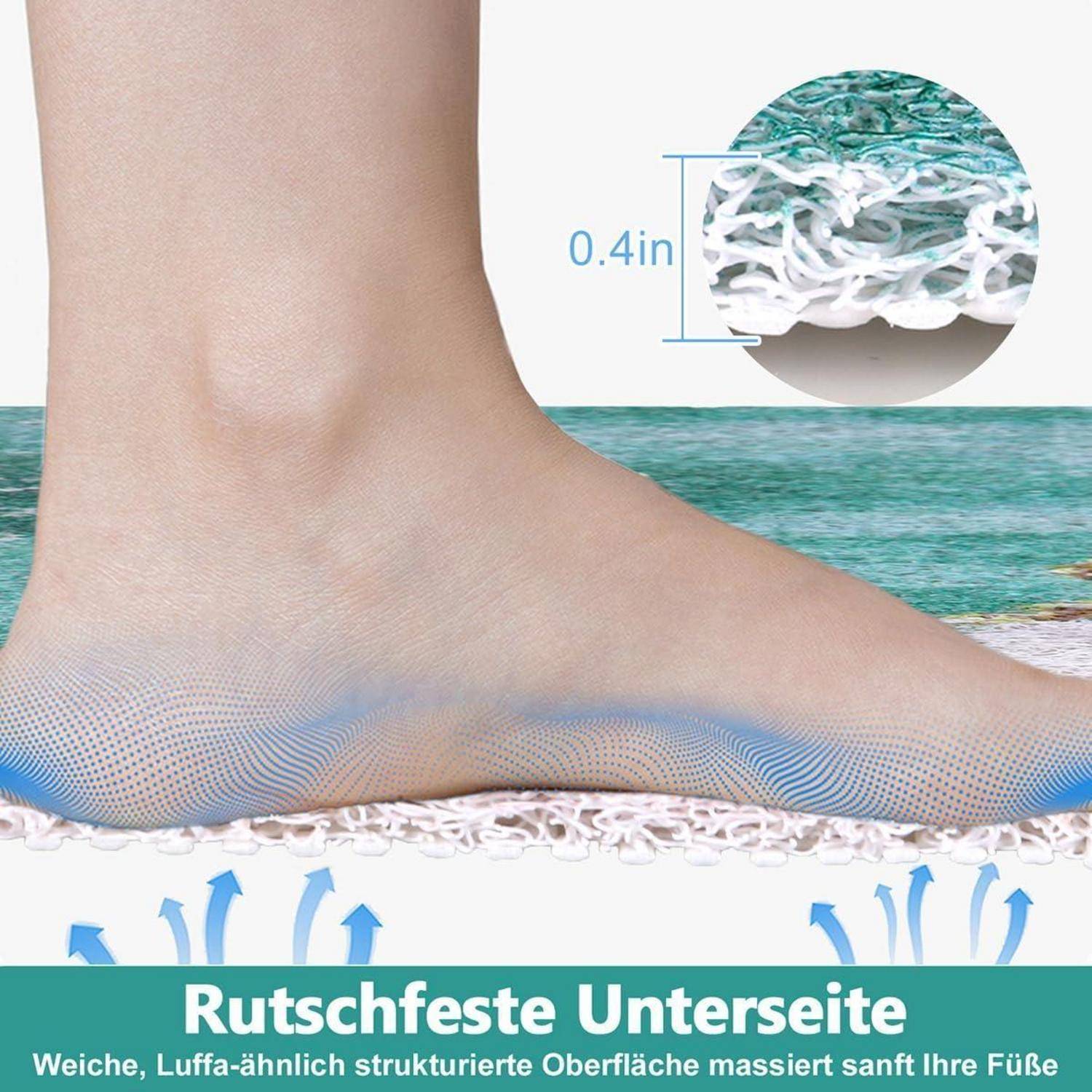 Nahaufnahme eines Fußes, der eine rutschfeste Einlegesohle mit einer weichen, luftigen Oberflächenstruktur auf der Unterseite trägt; eine Vergrößerung zeigt 0,4 in Dicke und den deutschen Text „Rutschfeste Unterseite