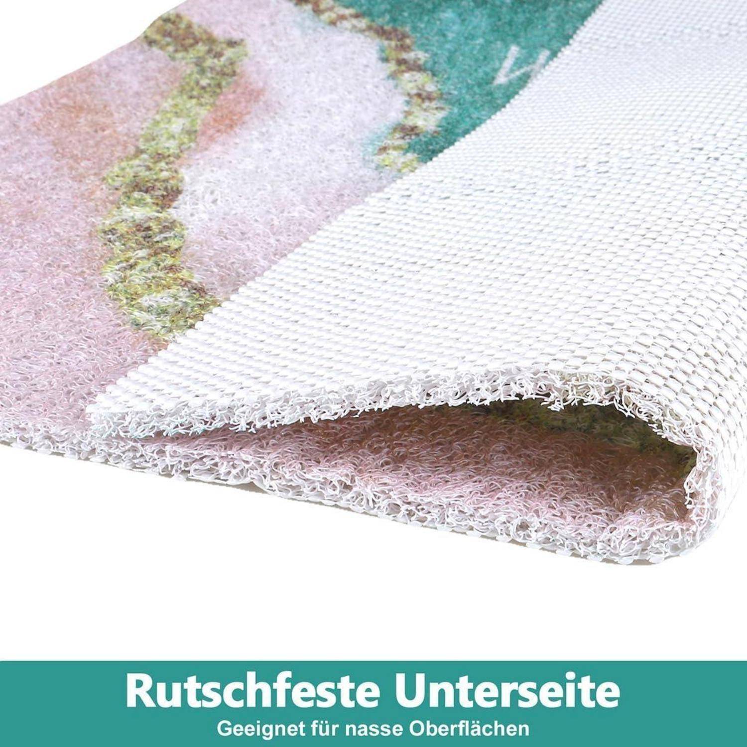 Nahaufnahme der Unterseite eines rutschfesten Teppichs, die eine strukturierte Rückseite für die Verwendung auf nassen Oberflächen zeigt.