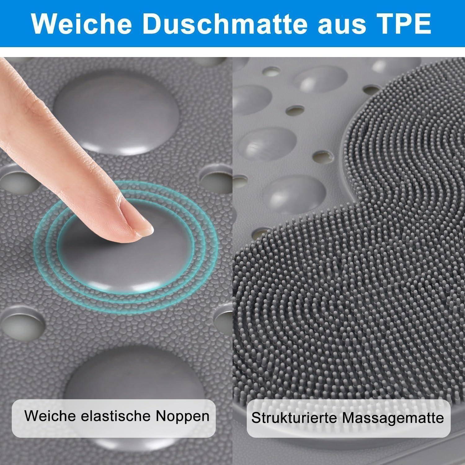 Geteiltes Bild mit Vergleich einer glatten, weichen TPE-Matte mit einem Finger, der auf ein kreisförmiges Pad drückt, und einer strukturierten Massagematte mit erhobenen Noppen; Deutsche Beschriftungen 'Weiche elastische Noppen' und 'Strukturierte Massagematte'.