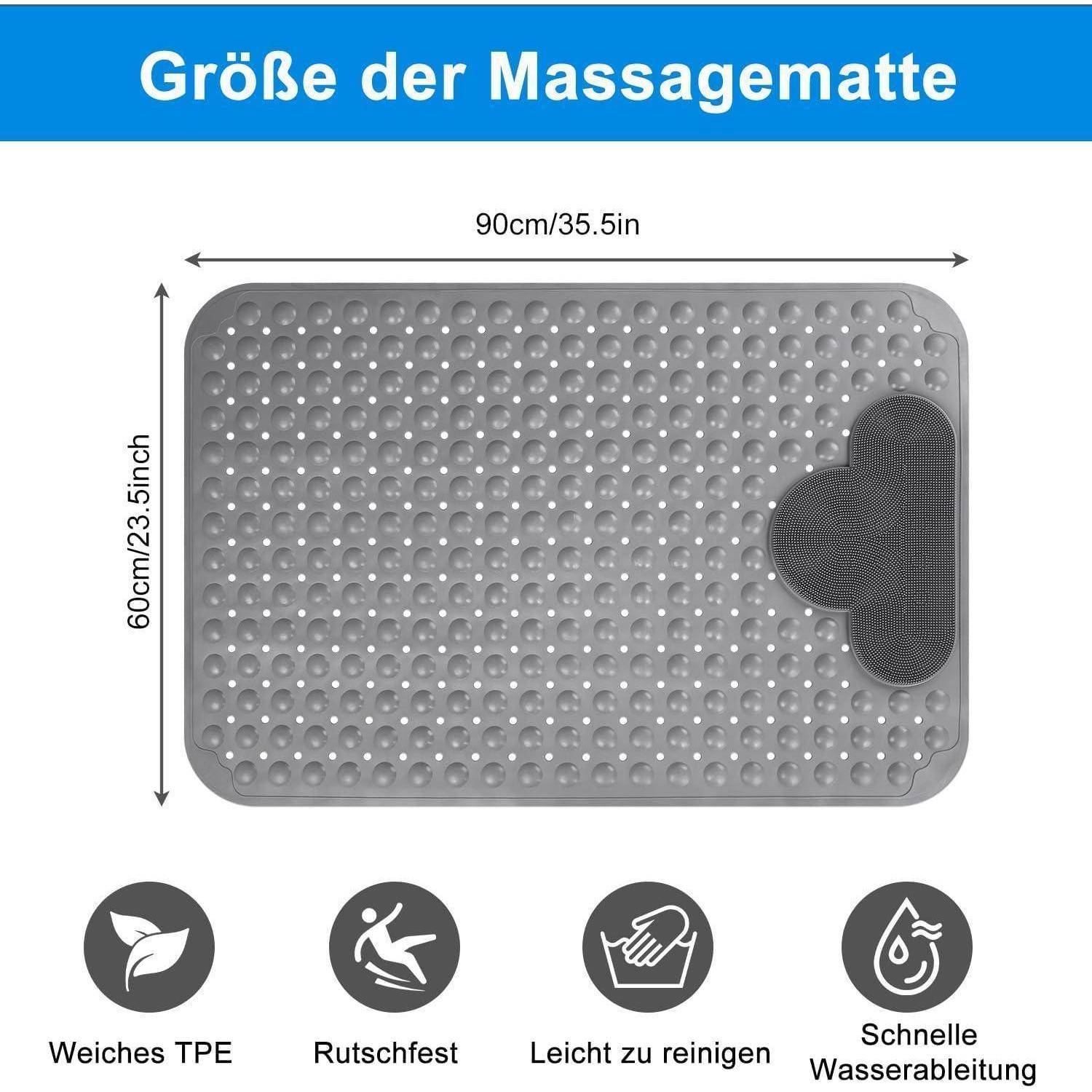Größendiagramm für eine Massagematte mit der Bezeichnung „Größe der Massagematte", die 90 cm x 60 cm misst; Symbole kennzeichnen weiches TPE, rutschfest, leicht zu reinigen und schnelle Wärmeableitung.