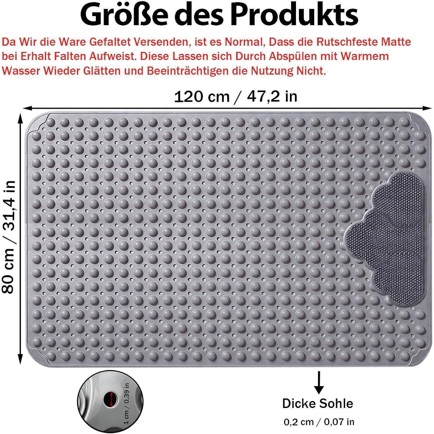 Produktgrößendiagramm einer strukturierten Matte: 120 cm x 80 cm; Dicke 0,2 cm. Die Notiz besagt, dass der Versand im gefalteten Zustand Falten verursachen kann, die sich mit warmem Wasser glätten lassen.