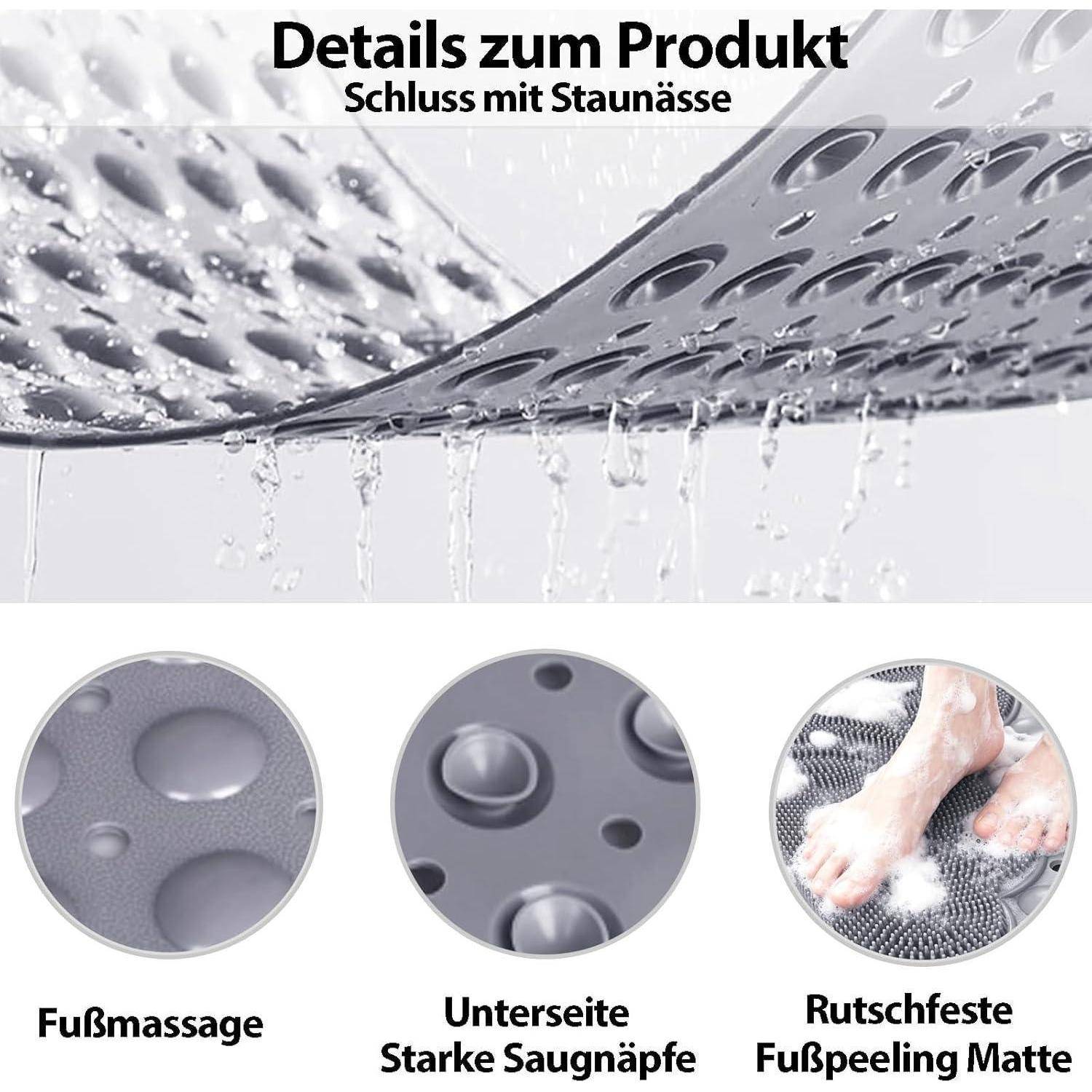 Produktdetails für eine Duschenmatte: Abflusslöcher verhindern Wasseransammlung; verfügt über Fußmassage, starke Saugnapfen und eine rutschfeste Fußpeelingoberfläche.
