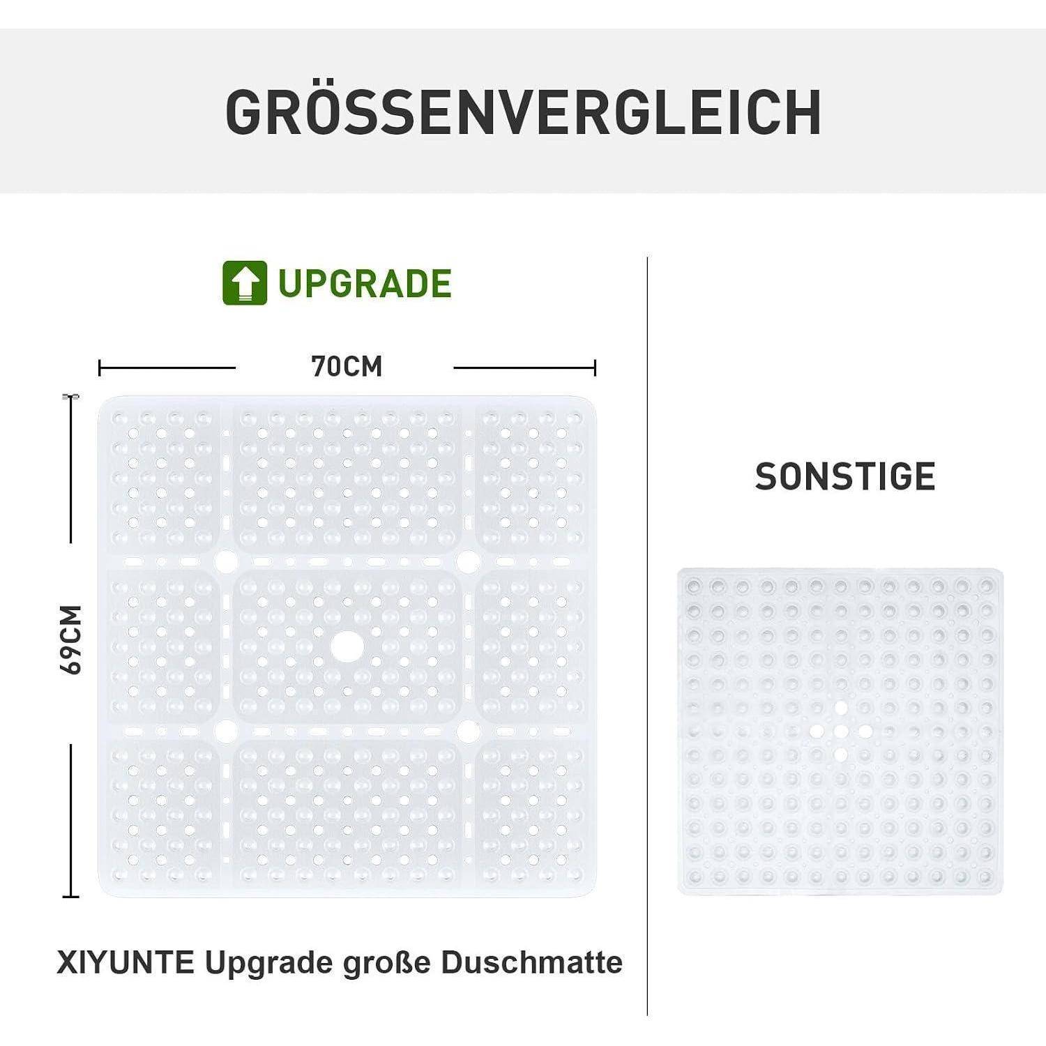 Größenvergleichsgrafik für 'XIYUNTE Upgrade große Duschmatte': Upgrade-Matte 70 cm breit und 69 cm hoch im Vergleich zu einer kleineren generischen Matte mit der Bezeichnung 'SONSTIGE'.