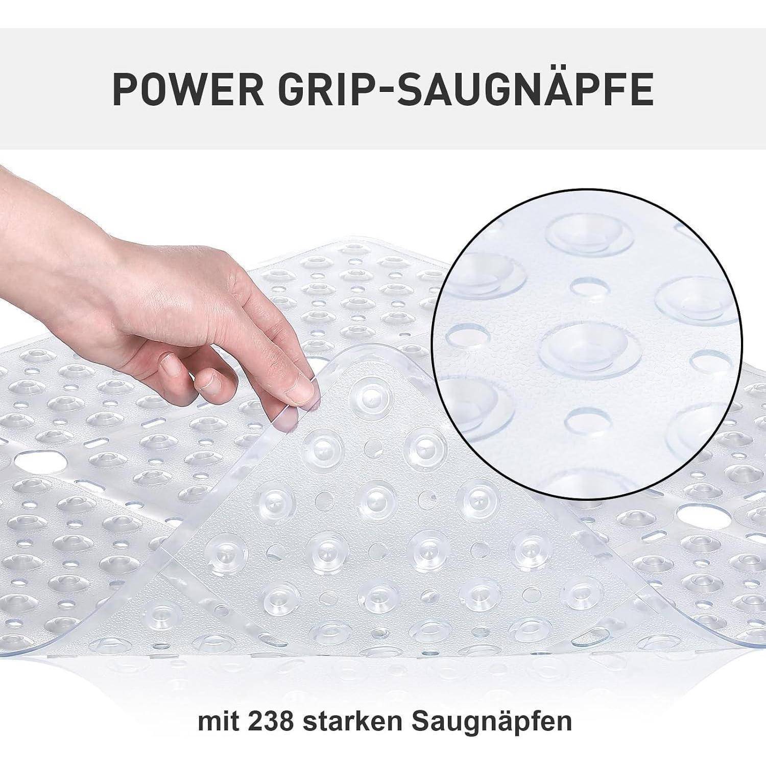 Durchsichtige Matte mit 238 Saugnäpfen wird von einer Hand angehoben, beschriftet mit „POWER GRIP-SAUGNÄPFE" und „mit 238 starken Saugnäpfen"".