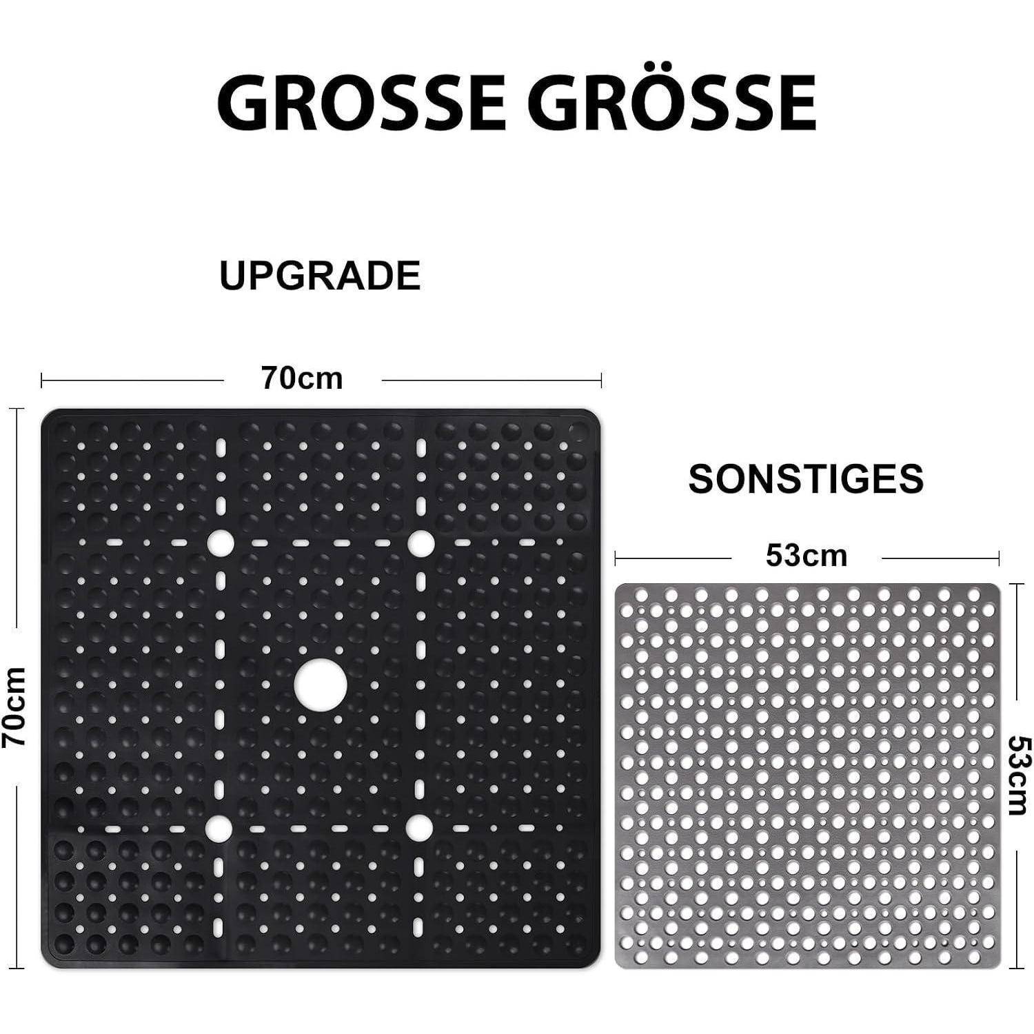 Größenvergleichsgrafik mit schwarzem 'UPGRADE'-Panel bei 70 cm x 70 cm und grauem 'SONSTIGES'-Panel bei 53 cm x 53 cm, mit größerem Titel 'GROSSE GRÖSSE'.