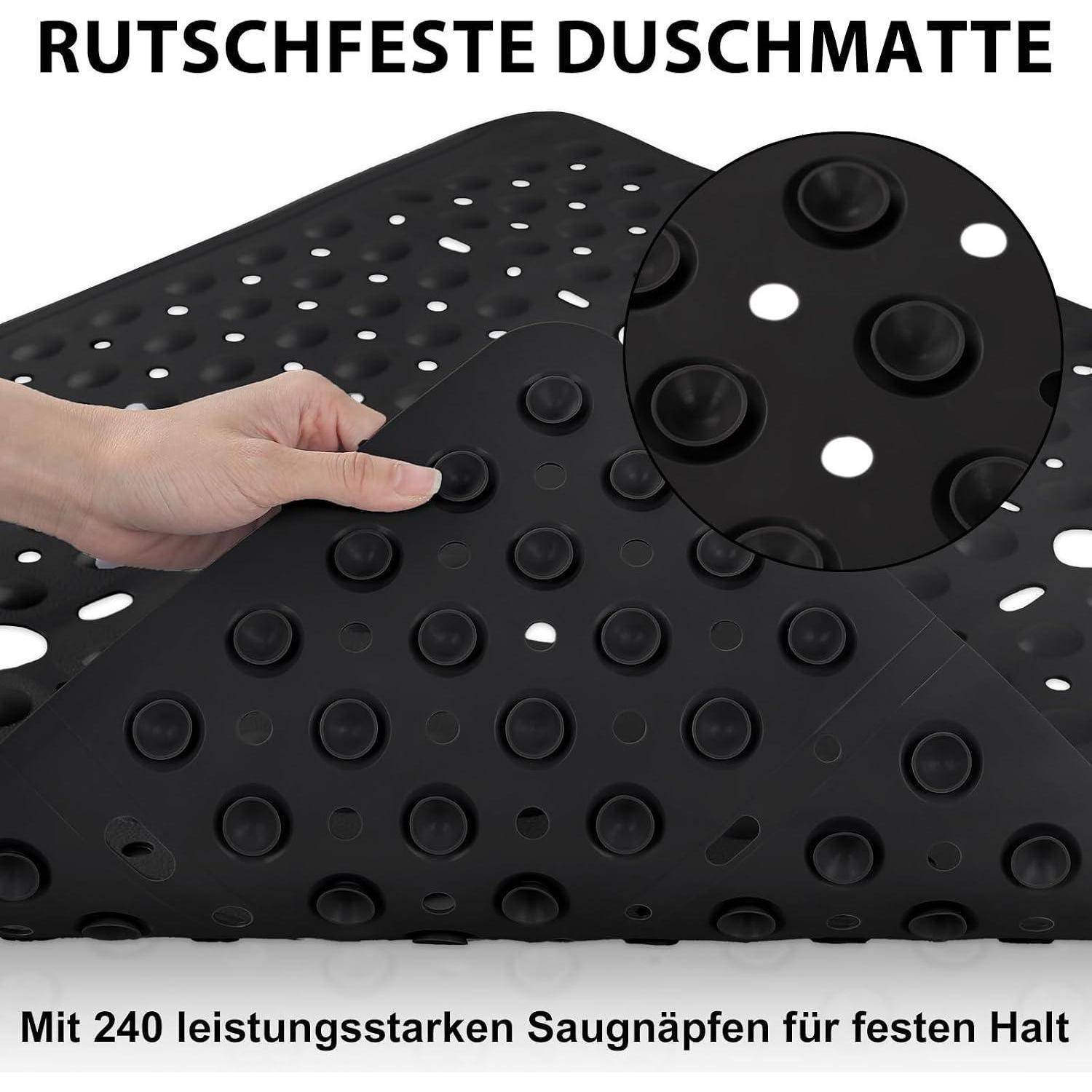 Schwarze rutschfeste Badewannenmatte aus Gummi mit Saugnäpfen, die von einer Hand gedrückt wird; der Text lautet „RUTSCHFESTE DUSCHMATTE