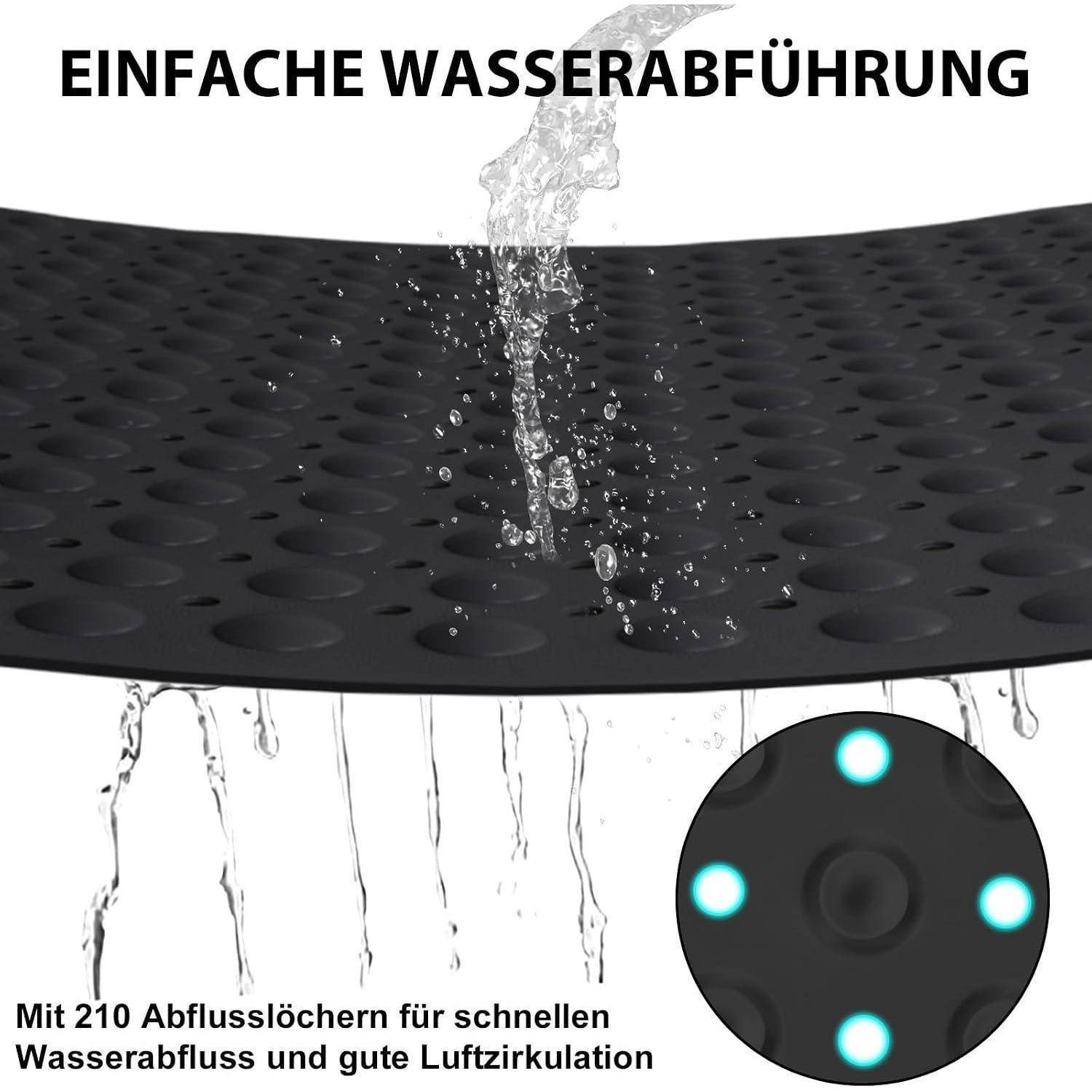 Schwarze Schmutzfangmatte mit Perforationen ermöglicht einfache Wasserableitung; Text besagt „EINFACHE WASSERABFÜHRUNG