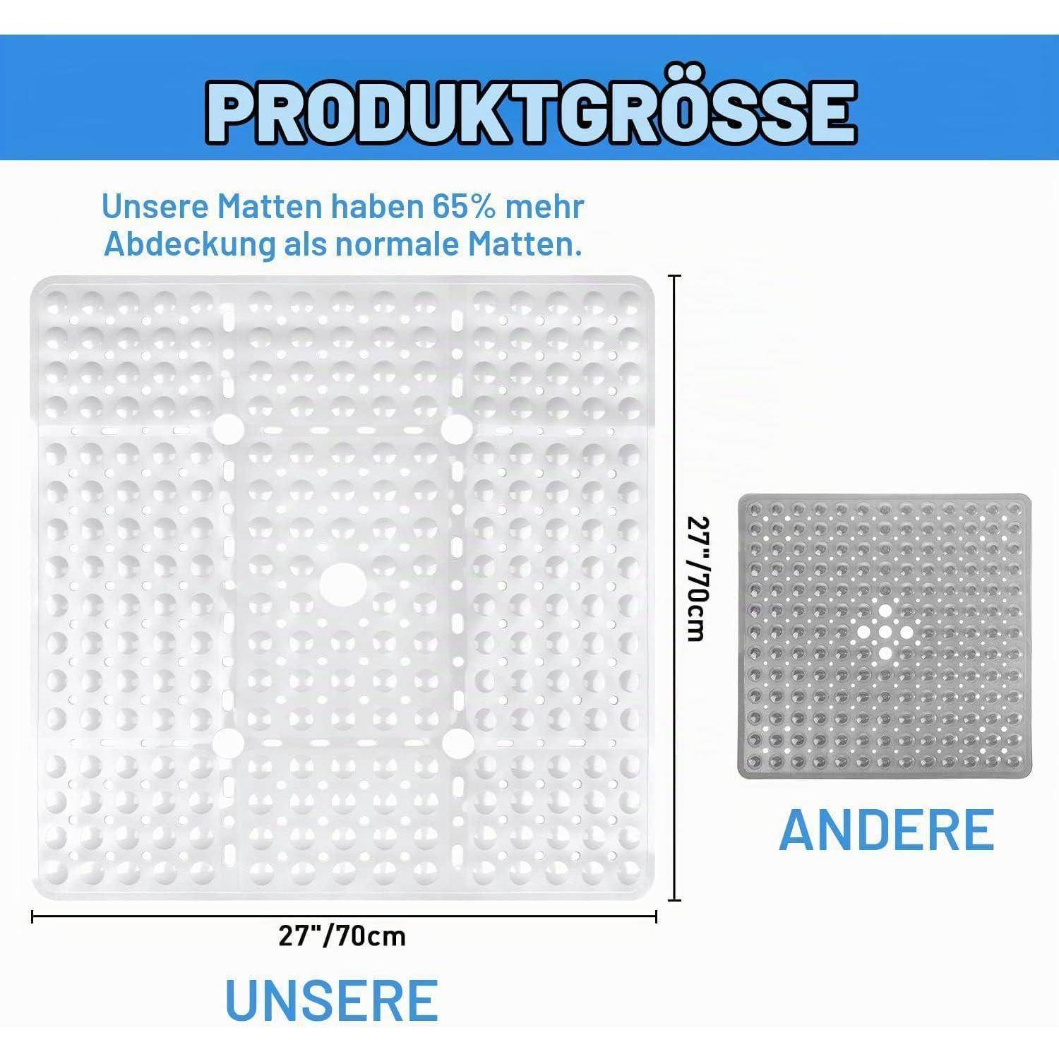 Produktgrößenvergleichsgrafik zeigt, dass die Matte „UNSERE" 27""/70 cm quadratisch ist und 65% mehr Abdeckung als die kleinere Matte „ANDERE"" bietet.