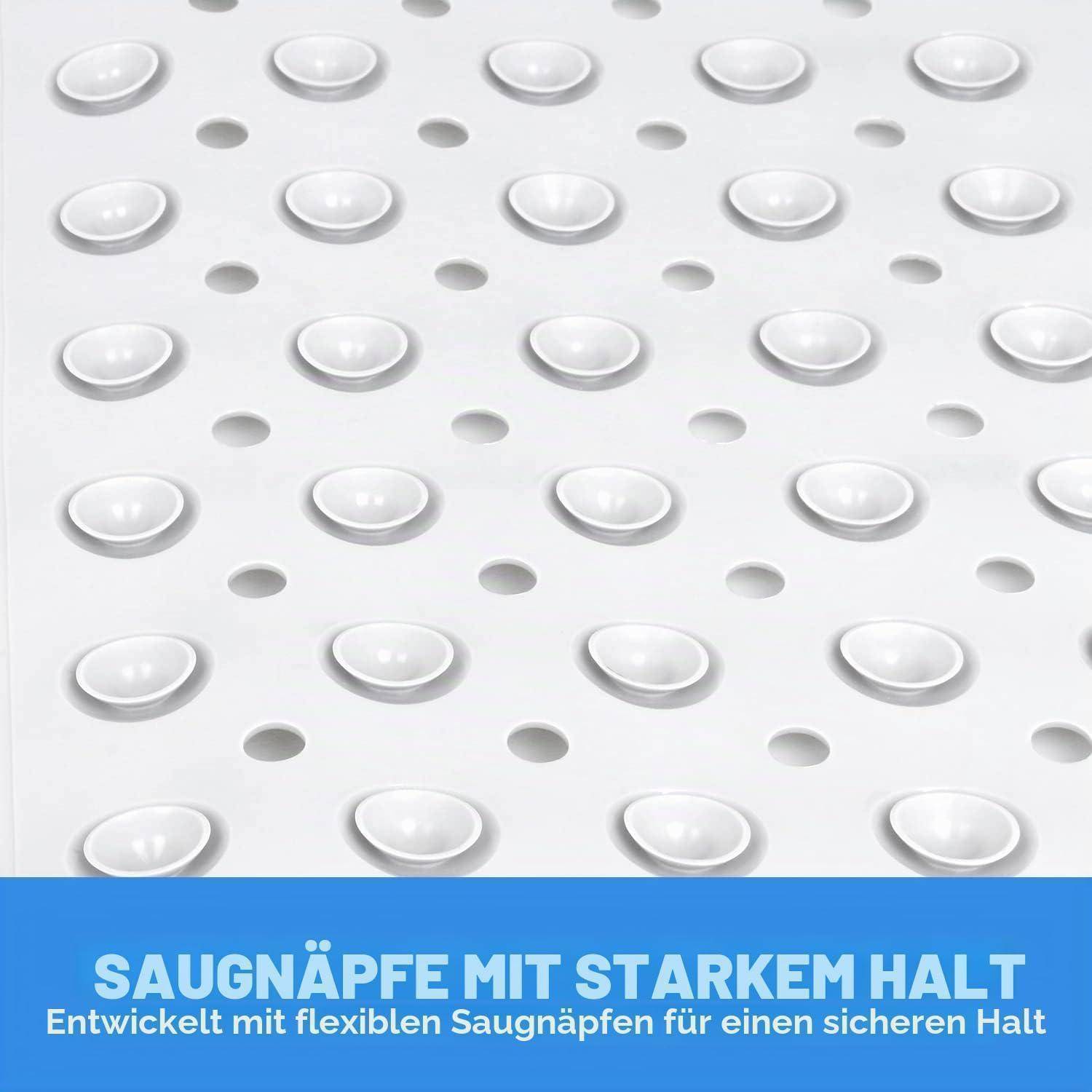 Produktbild von weißen Saugnäpfen auf einer perforierten Oberfläche mit deutschem Text: "Saugnäpfe mit starkem Halt"" und ""Entwickelt mit flexiblen Saugnäpfen für einen sicheren Halt"".