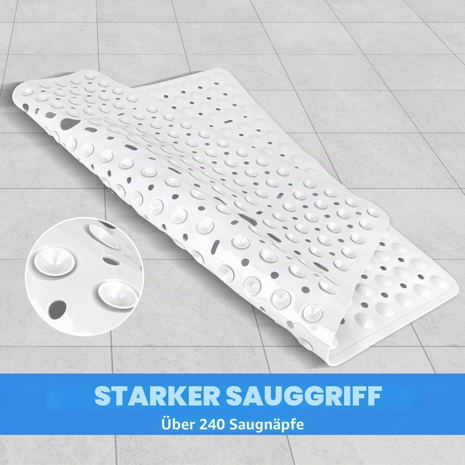 Weißer Badezimmermatte mit Sauggriff und vielen Saugnäpfen; eingefügte Nahaufnahme und deutscher Text „STARKER SAUGGRIFF" und „Über 240 Saugnäpfe"" auf einem blauen Banner.