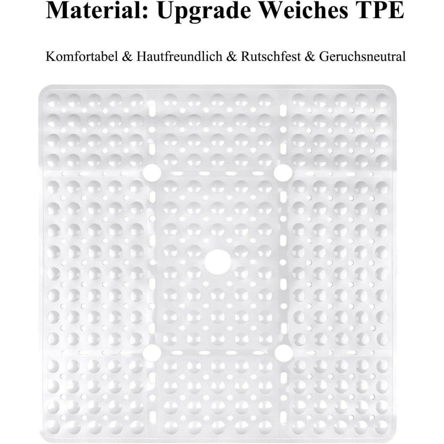Weiße perforierte TPE-Matte gezeigt als Upgrade-Material, mit Text, der behauptet, dass sie bequem, hautfreundlich, rutschfest und geruchlos ist.